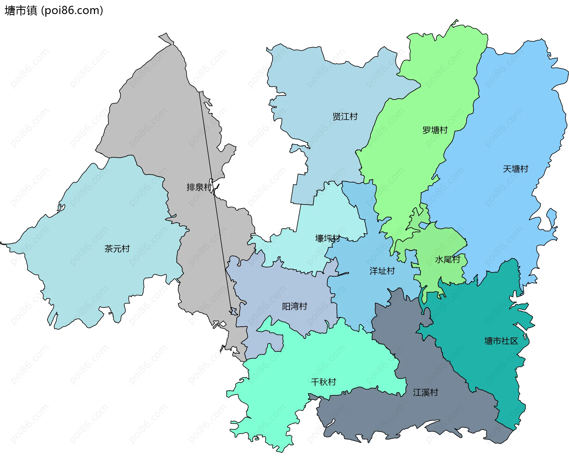 塘市镇边界地图(五级行政区划)