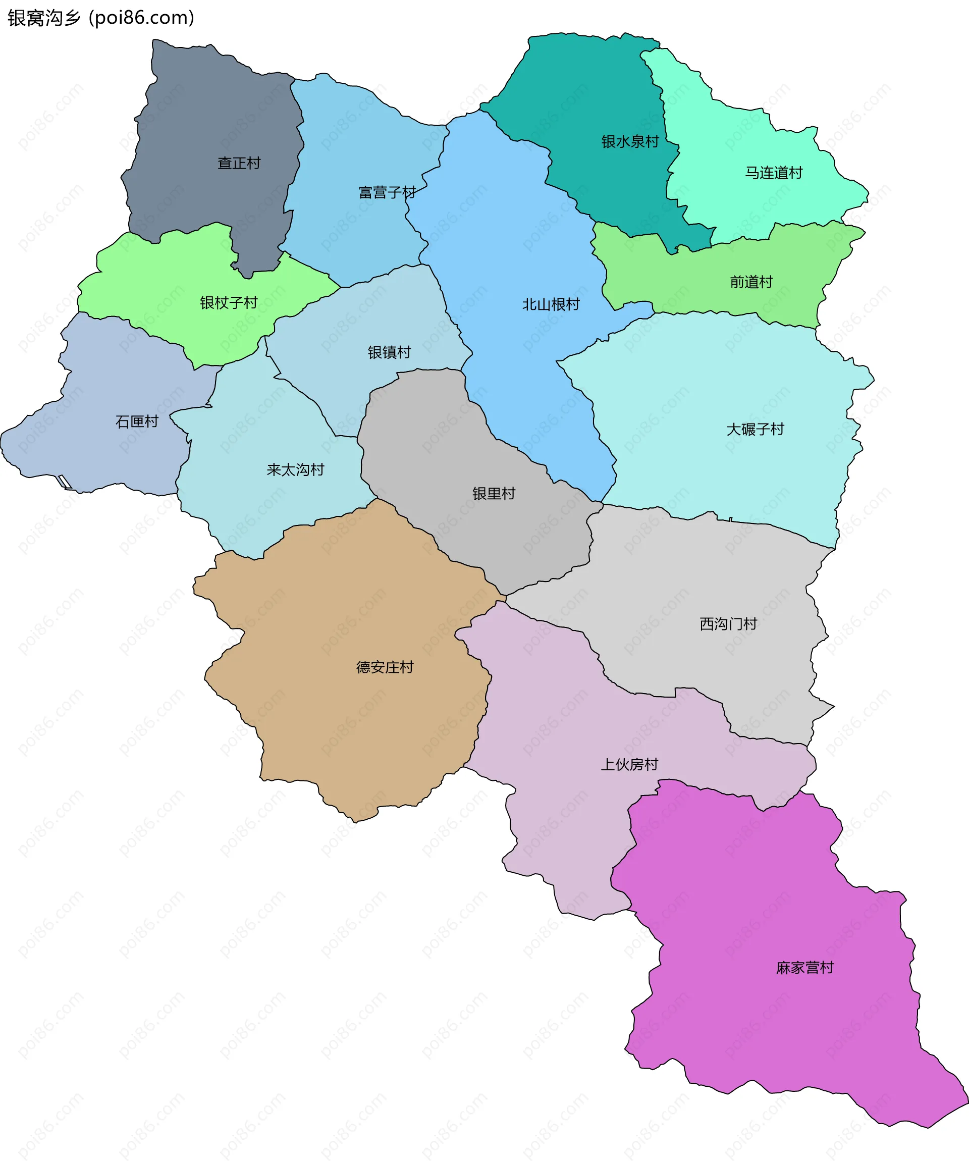 银窝沟乡边界地图(五级行政区划)