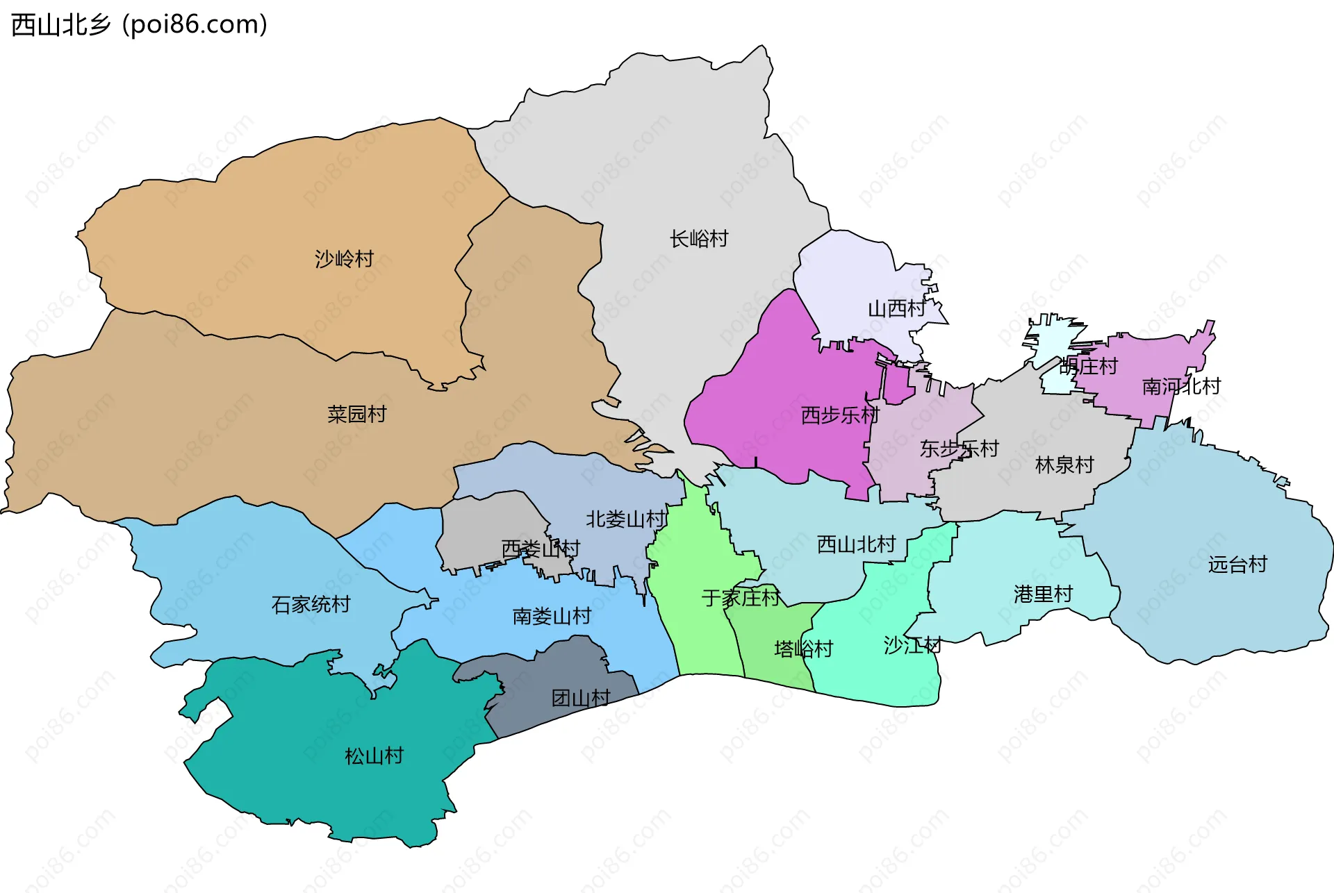 西山北乡边界地图(五级行政区划)