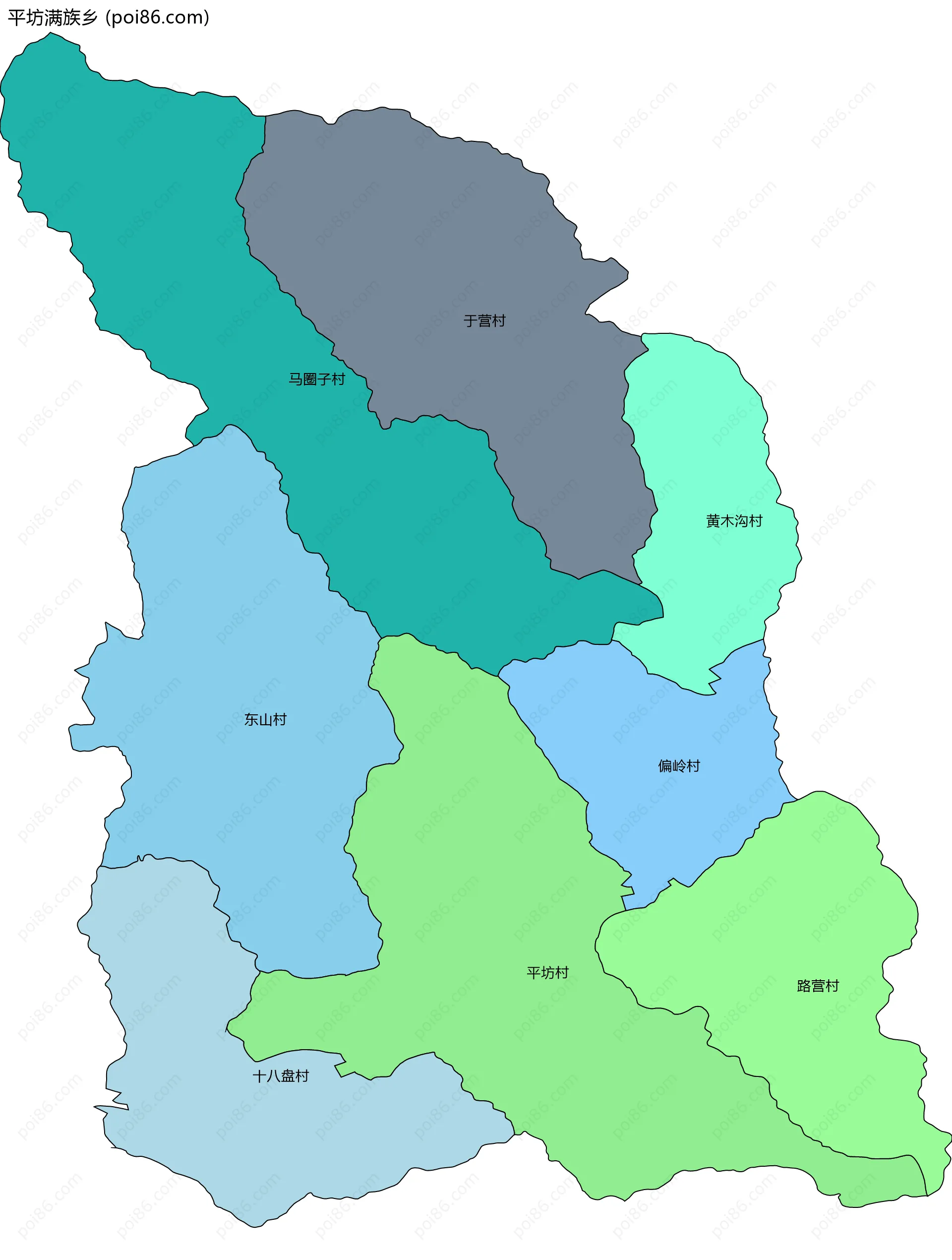 平坊满族乡边界地图(五级行政区划)