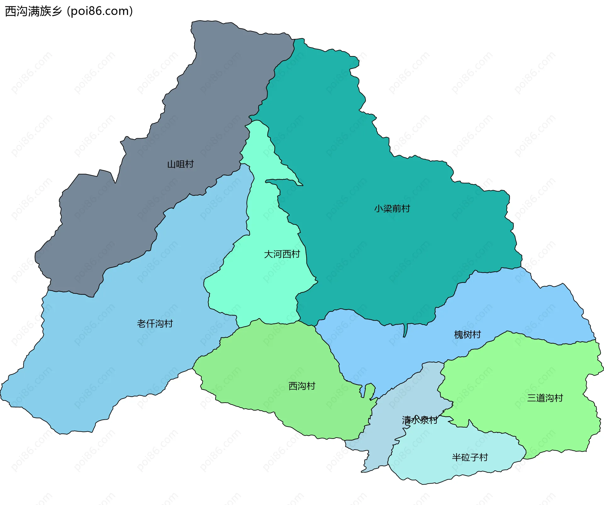 西沟满族乡边界地图(五级行政区划)