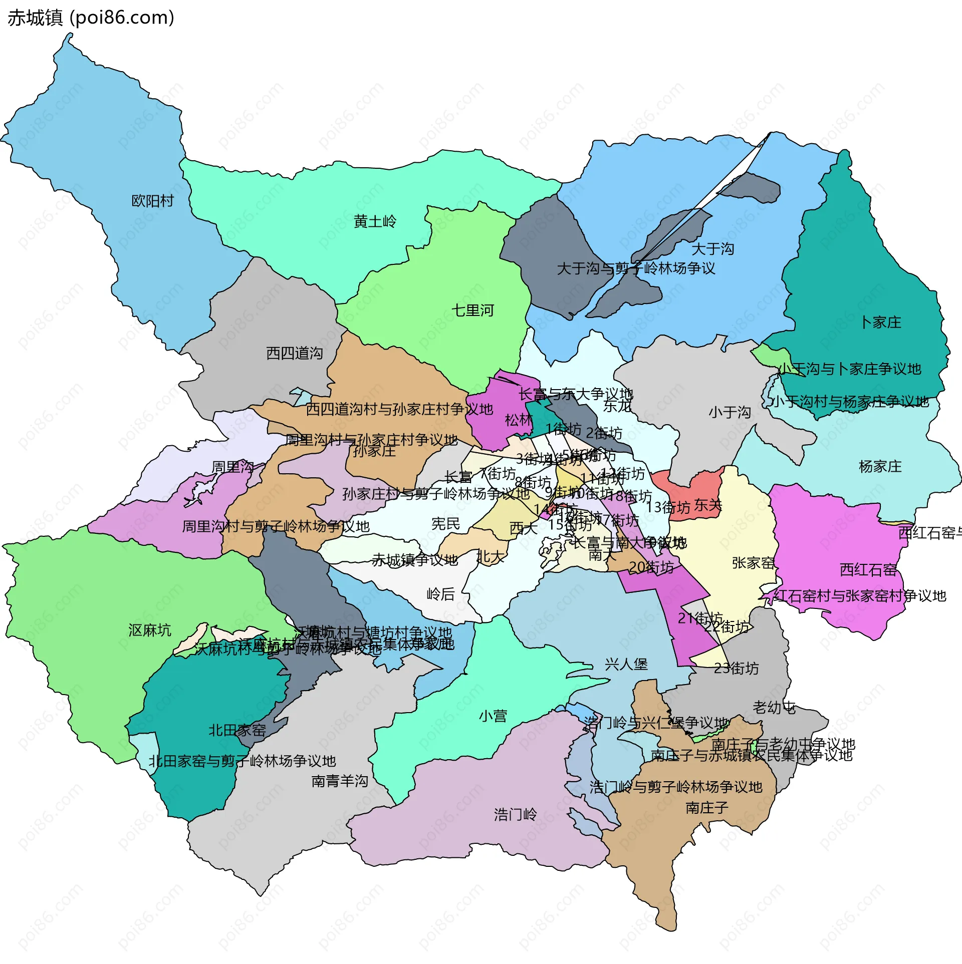 赤城镇边界地图(五级行政区划)