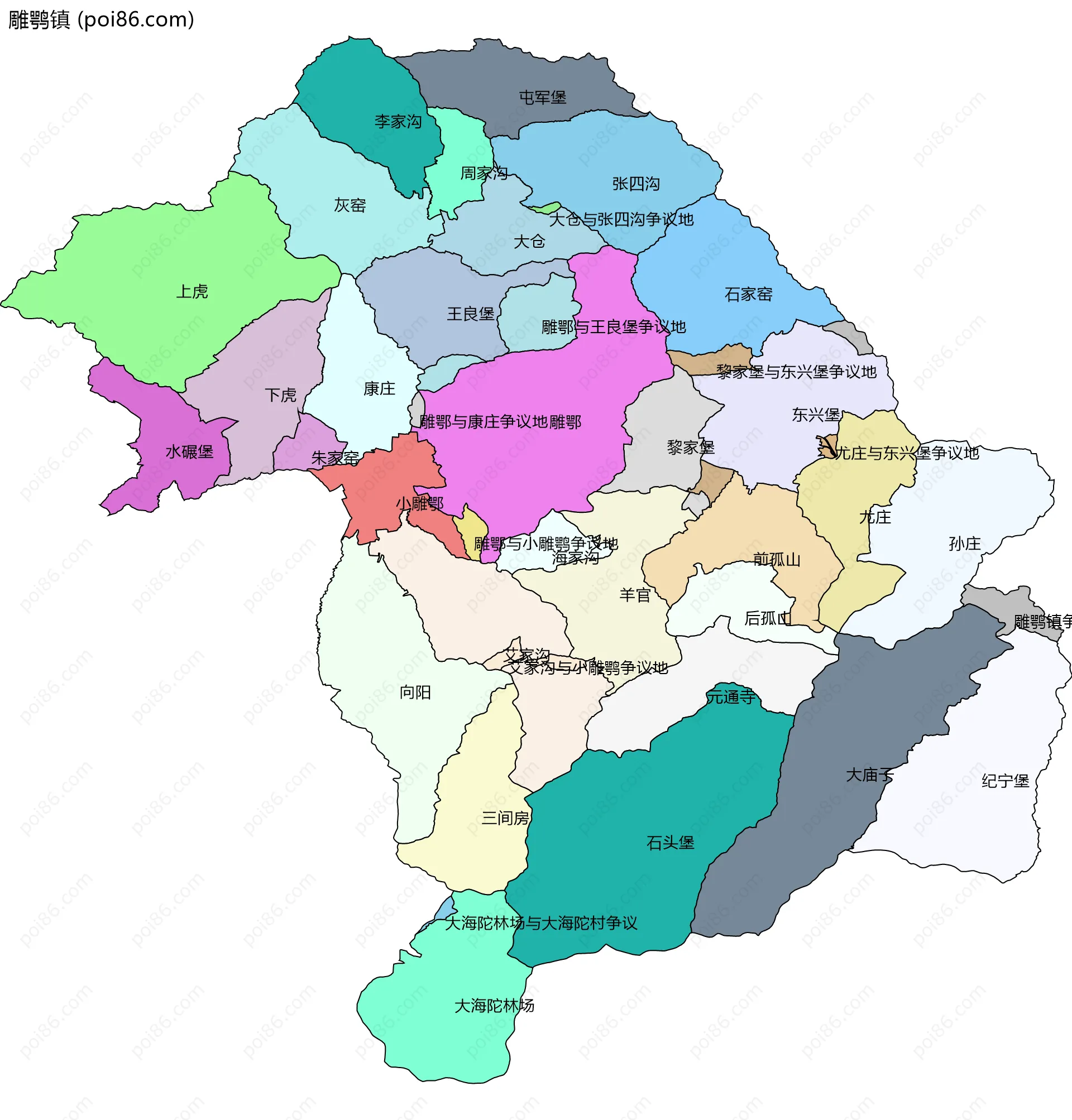 雕鹗镇边界地图(五级行政区划)