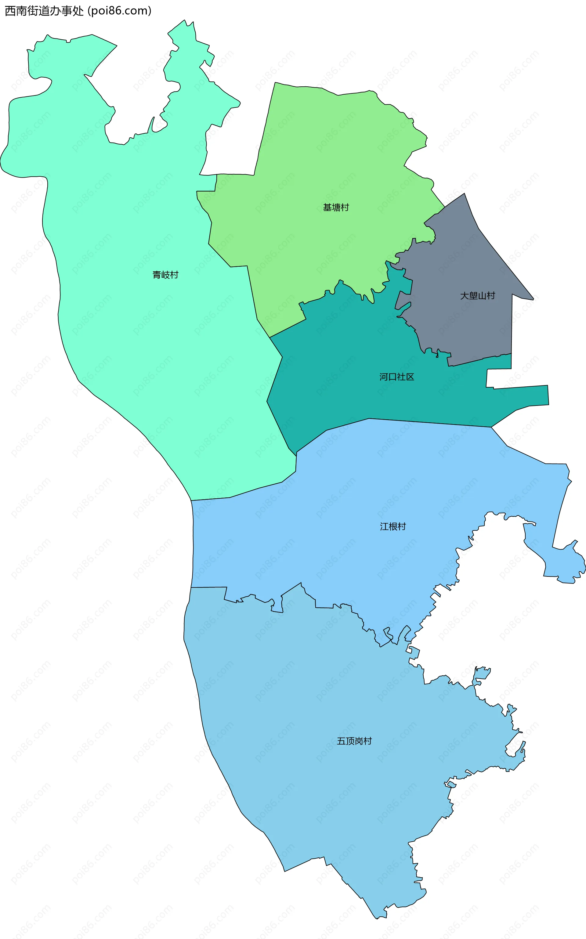 西南街道办事处边界地图(五级行政区划)