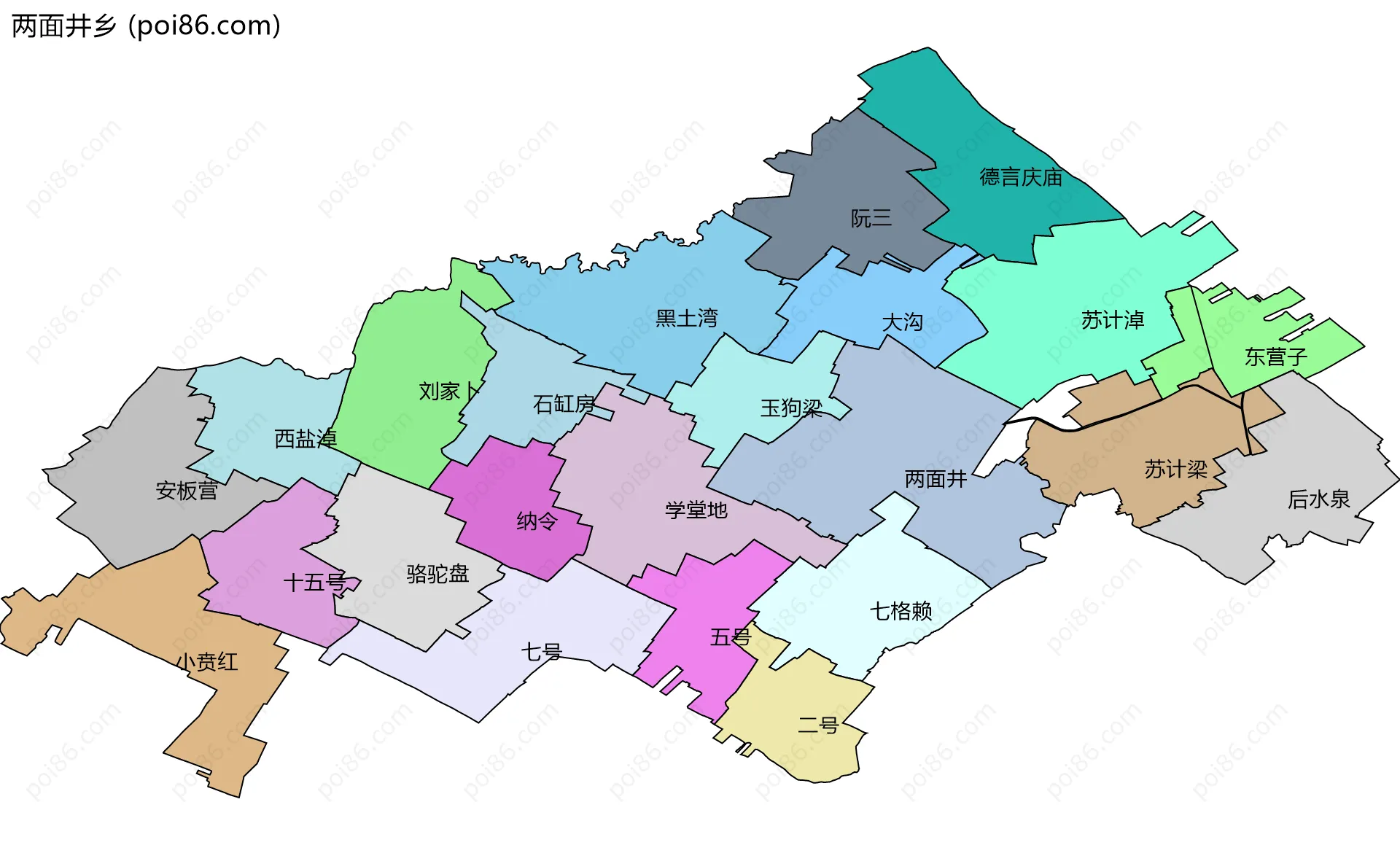 两面井乡边界地图(五级行政区划)