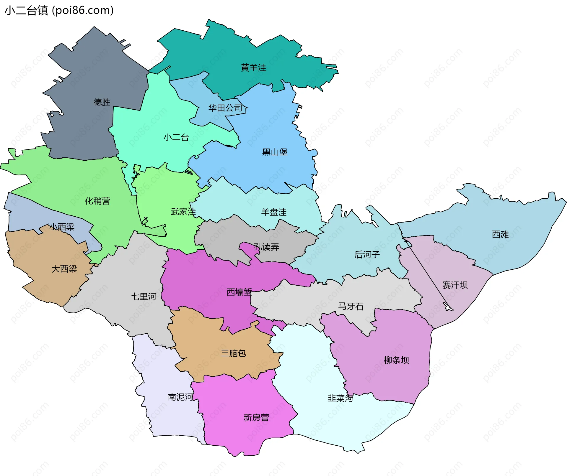 小二台镇边界地图(五级行政区划)