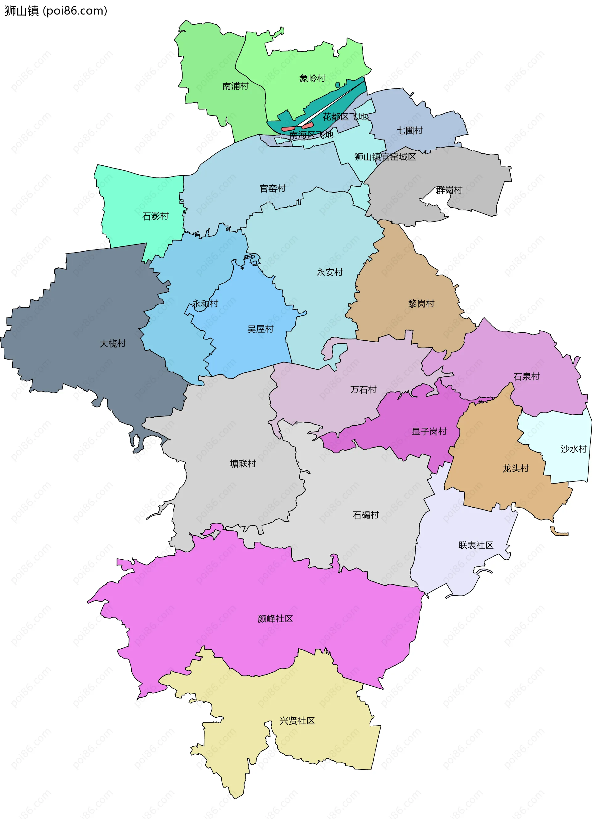 狮山镇边界地图(五级行政区划)