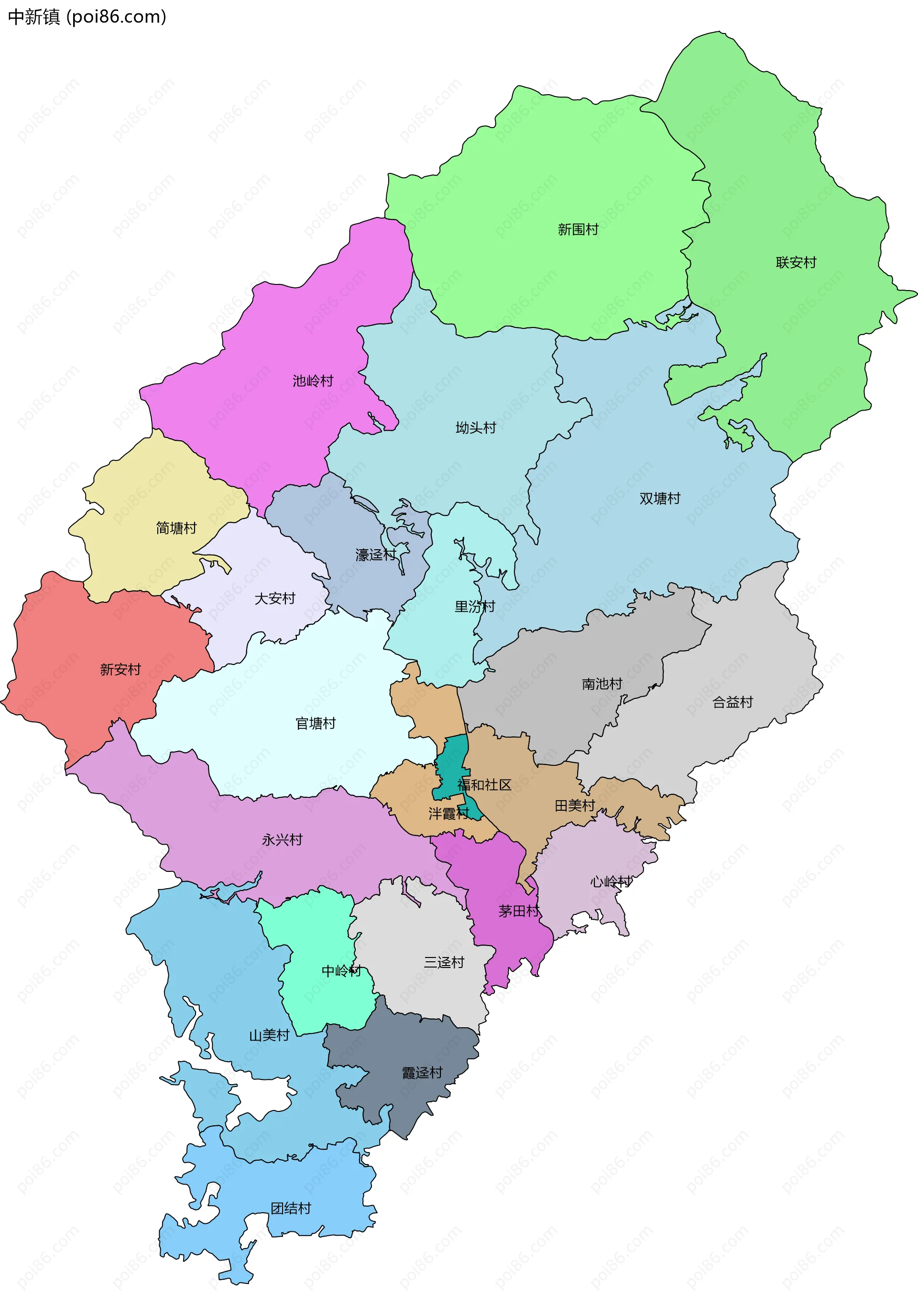 中新镇边界地图(五级行政区划)