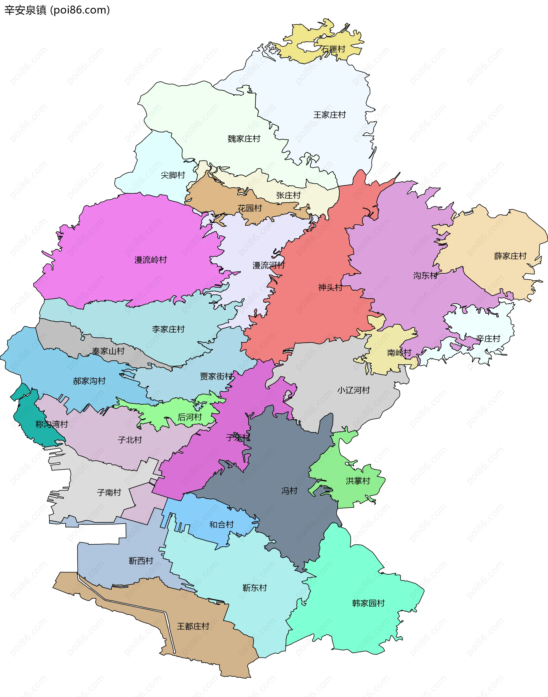 辛安泉镇边界地图(五级行政区划)