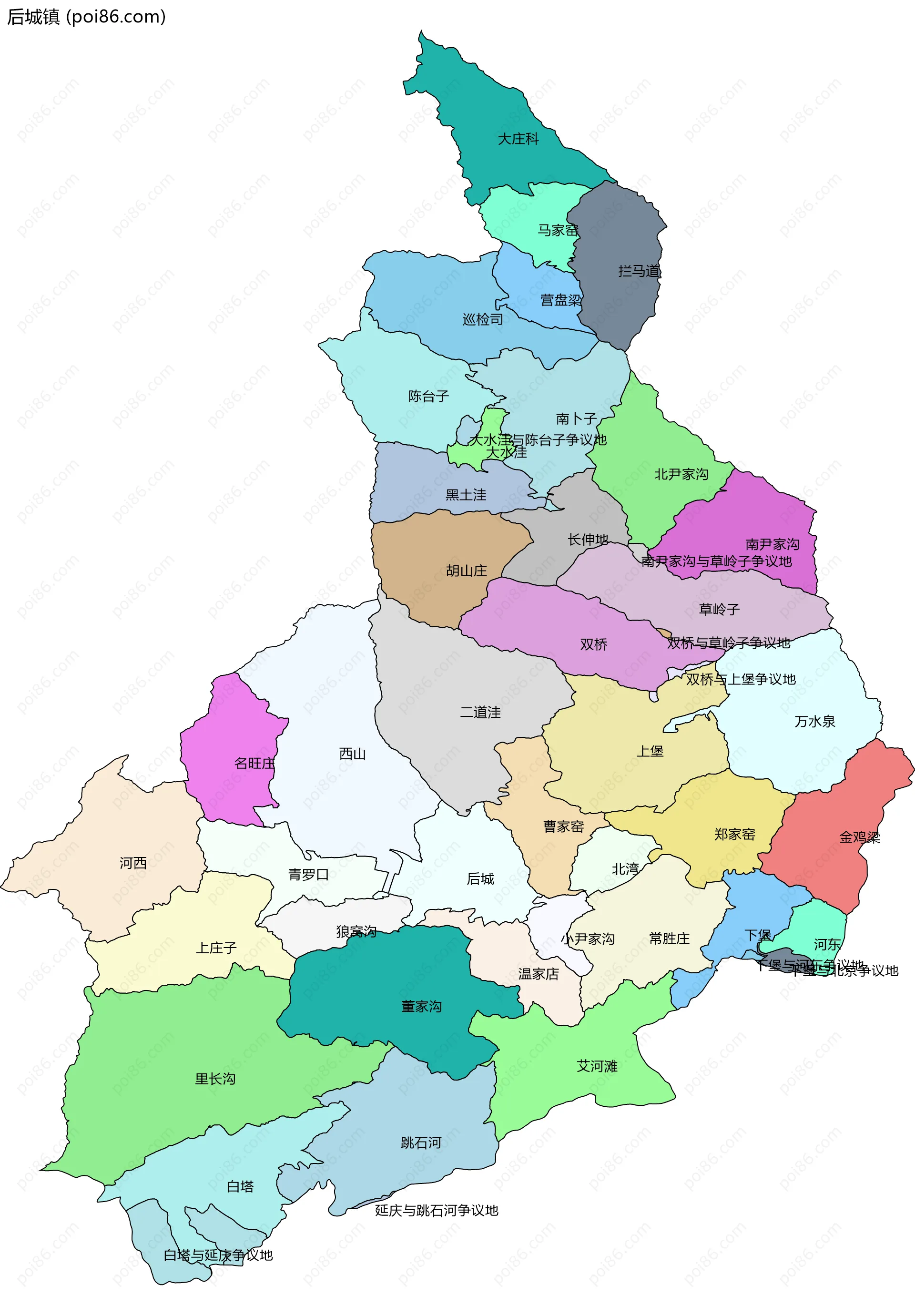 后城镇边界地图(五级行政区划)