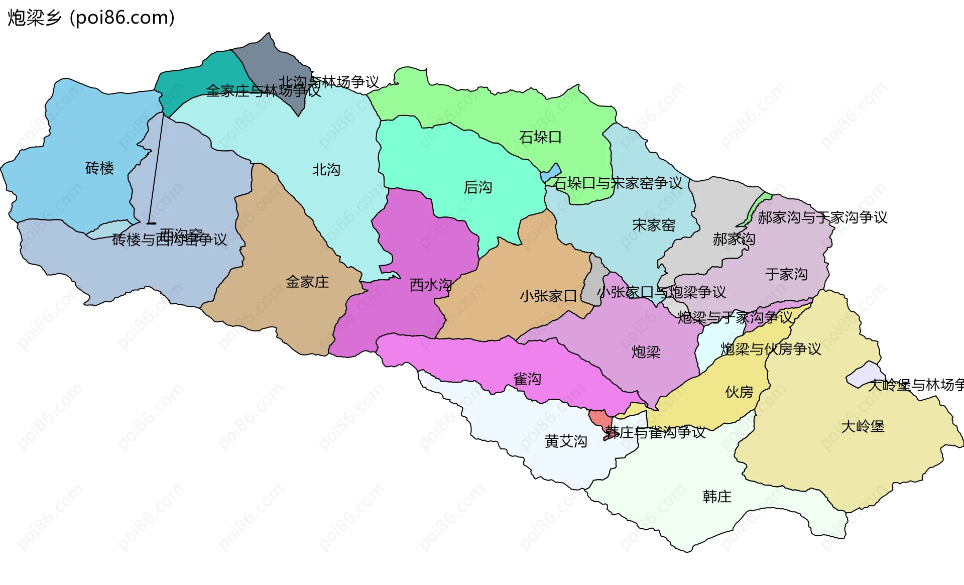 炮梁乡边界地图(五级行政区划)
