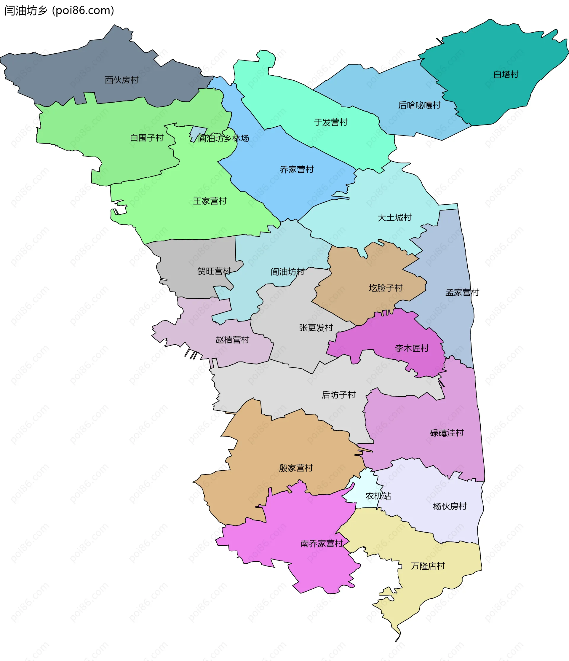 闫油坊乡边界地图(五级行政区划)