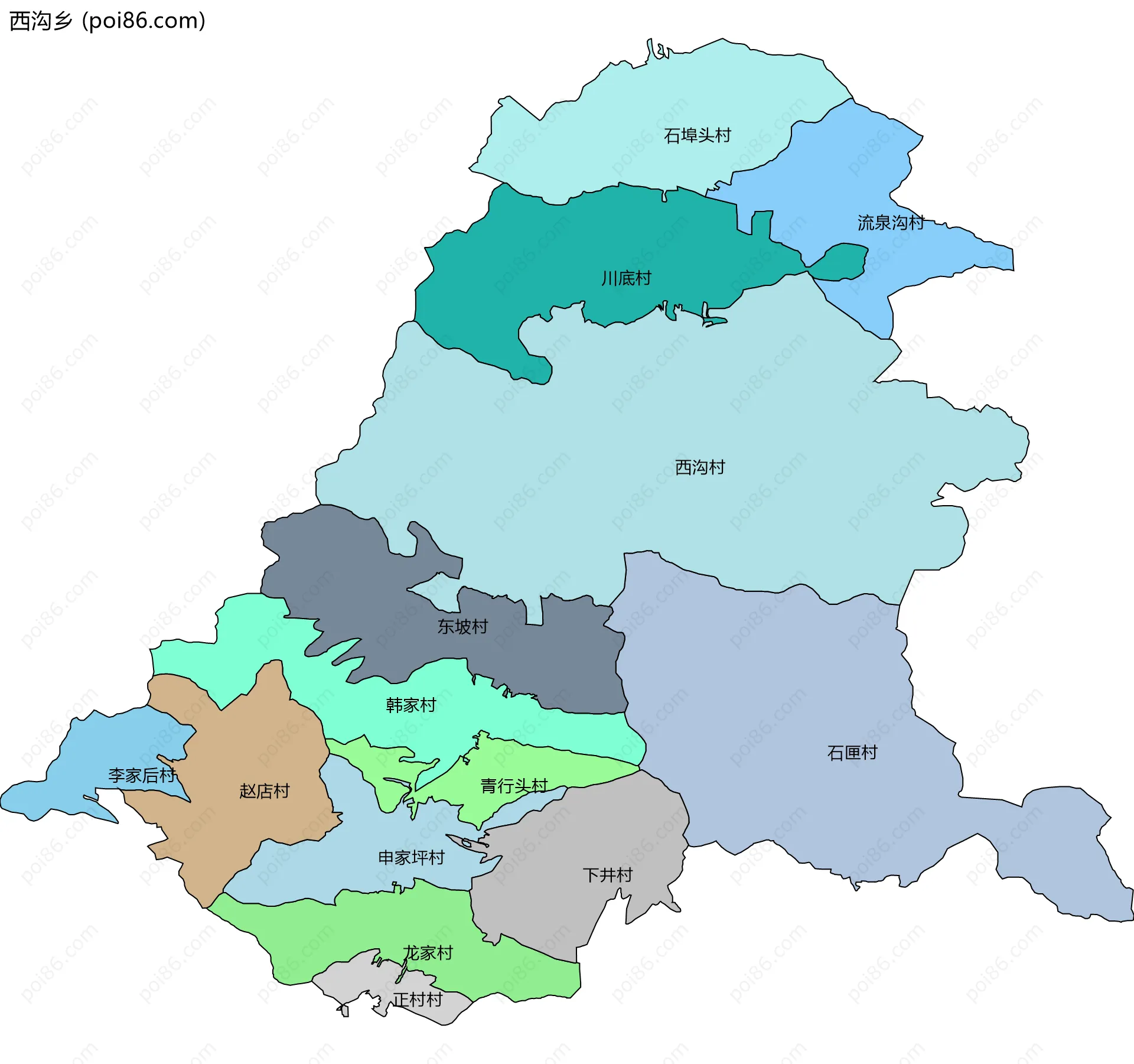 西沟乡边界地图(五级行政区划)
