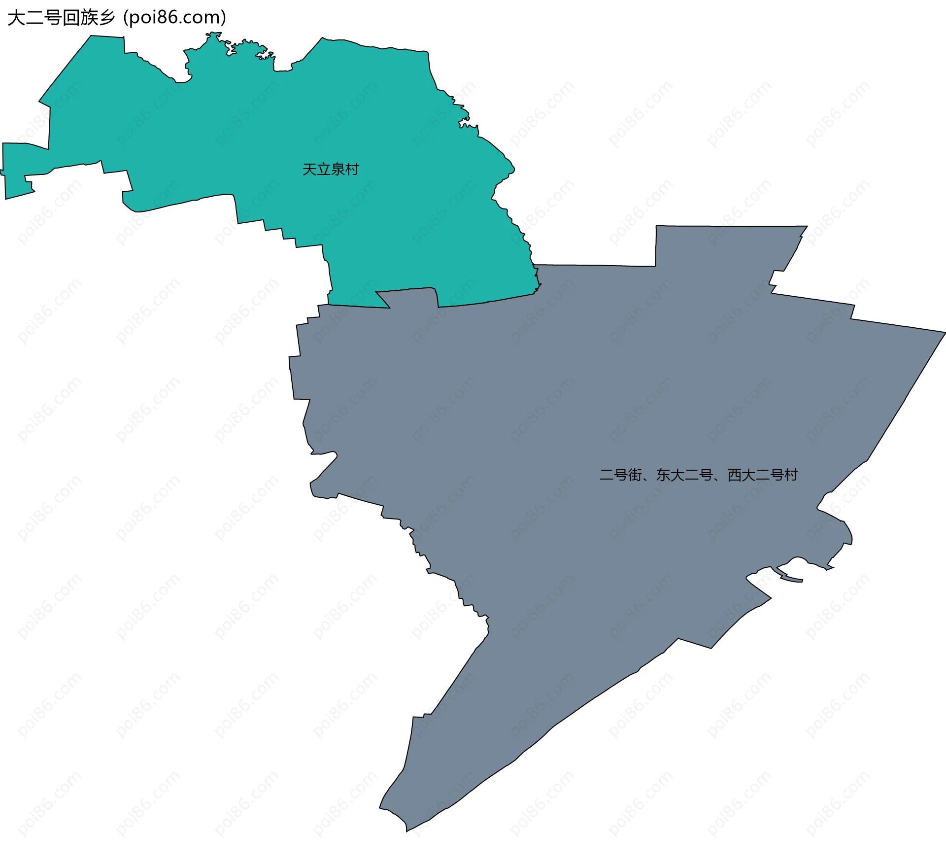 大二号回族乡边界地图(五级行政区划)