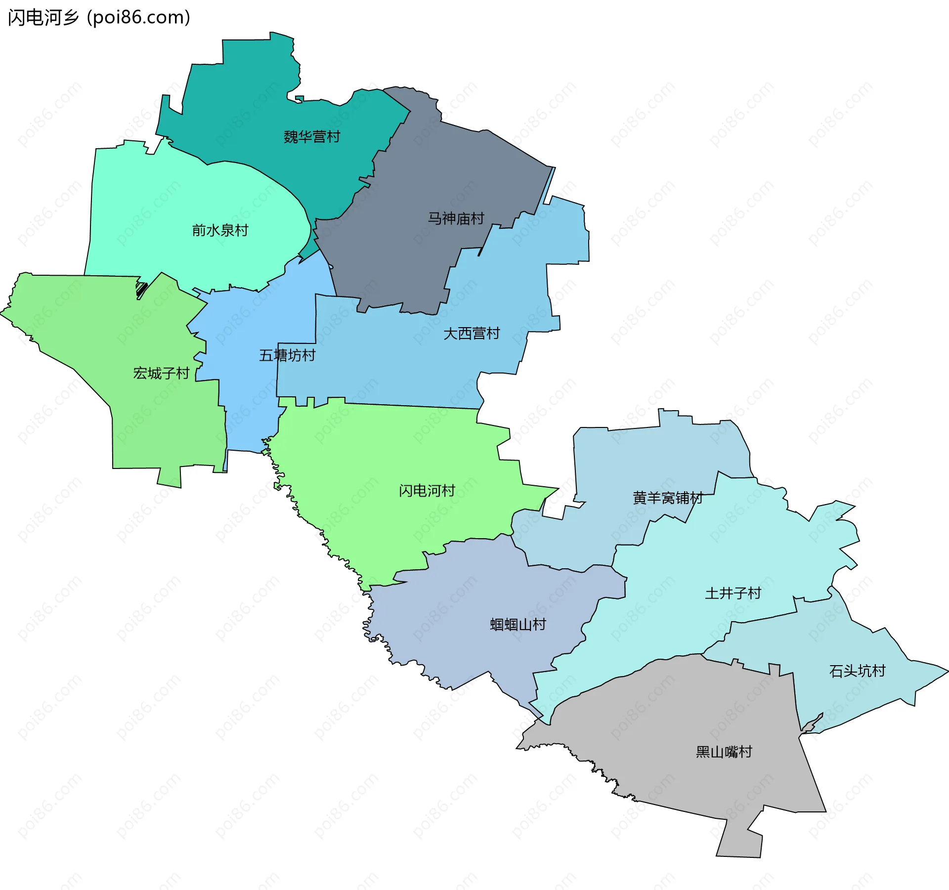 闪电河乡边界地图(五级行政区划)
