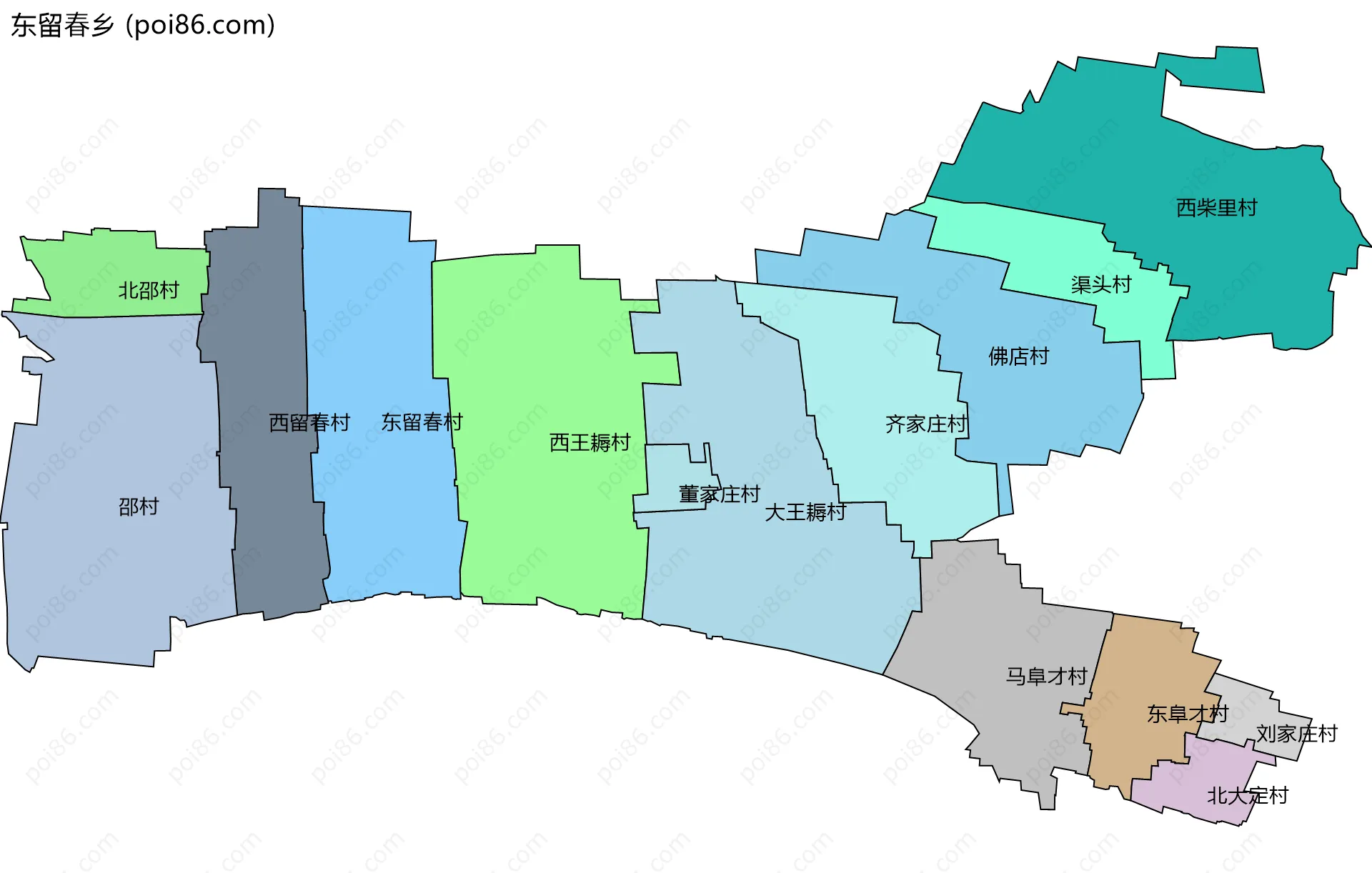 东留春乡边界地图(五级行政区划)