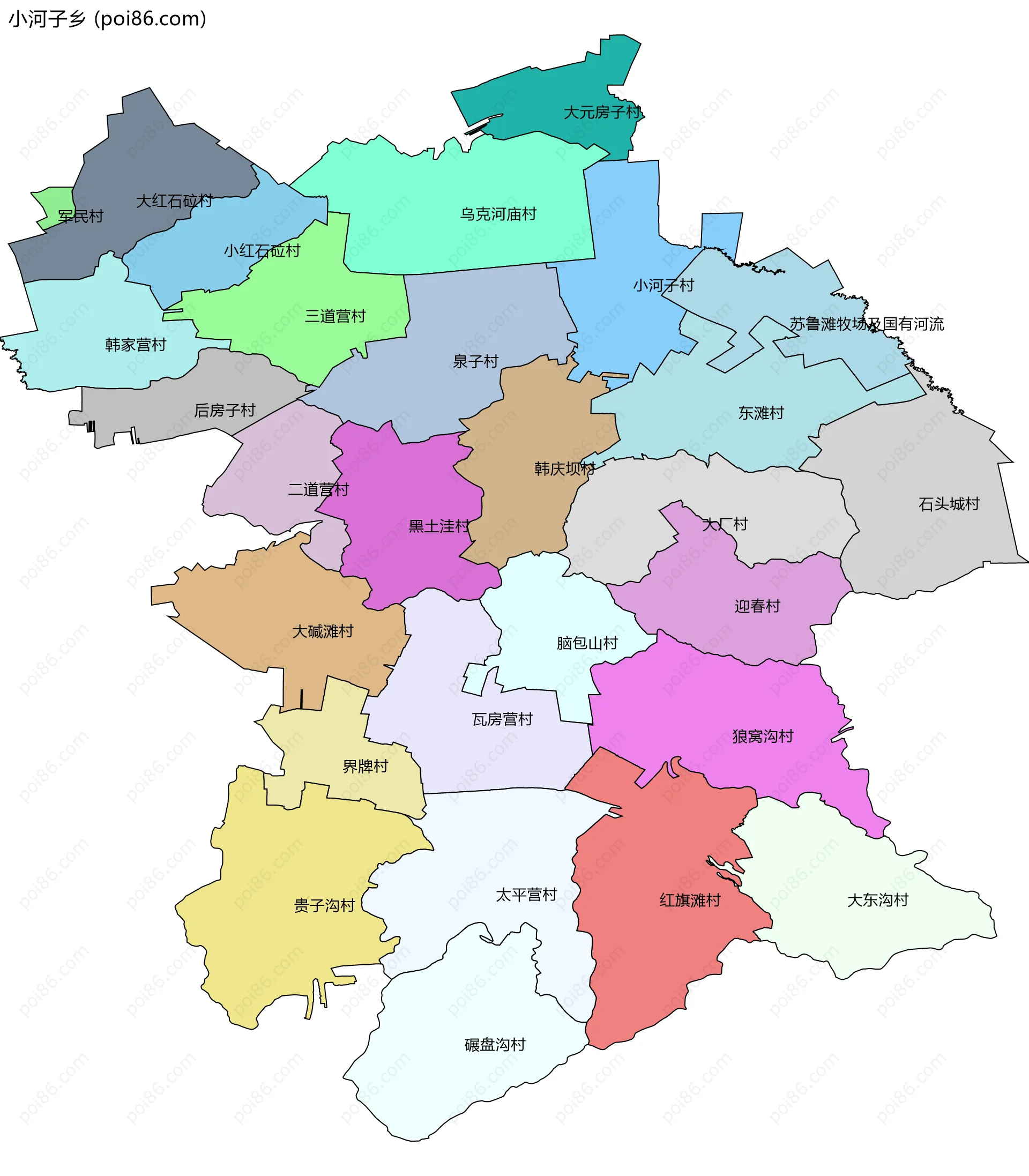 小河子乡边界地图(五级行政区划)