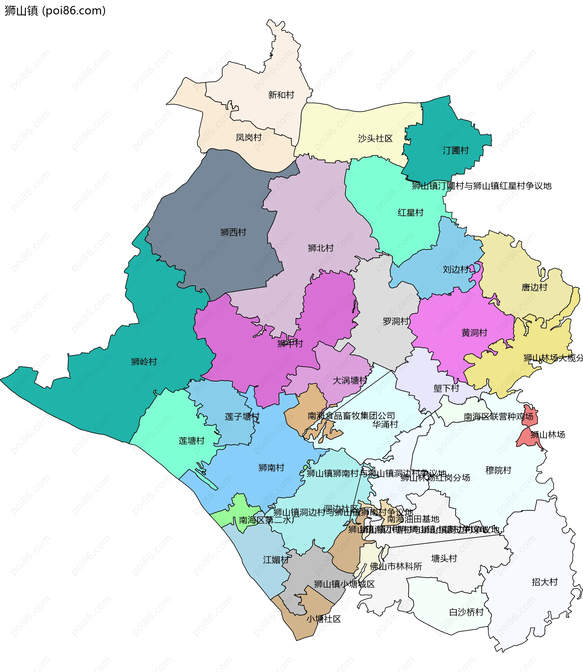 狮山镇边界地图(五级行政区划)