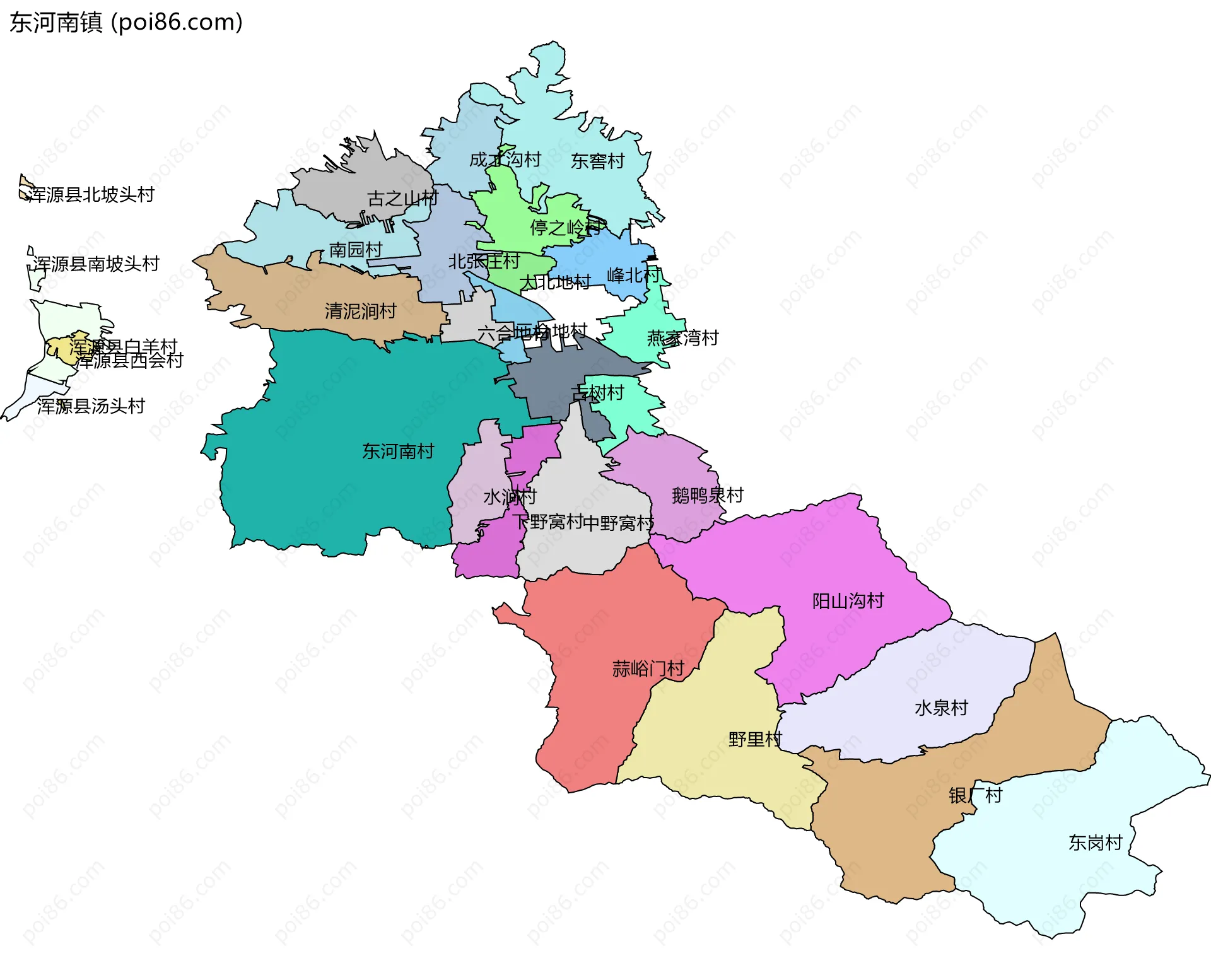 东河南镇边界地图(五级行政区划)