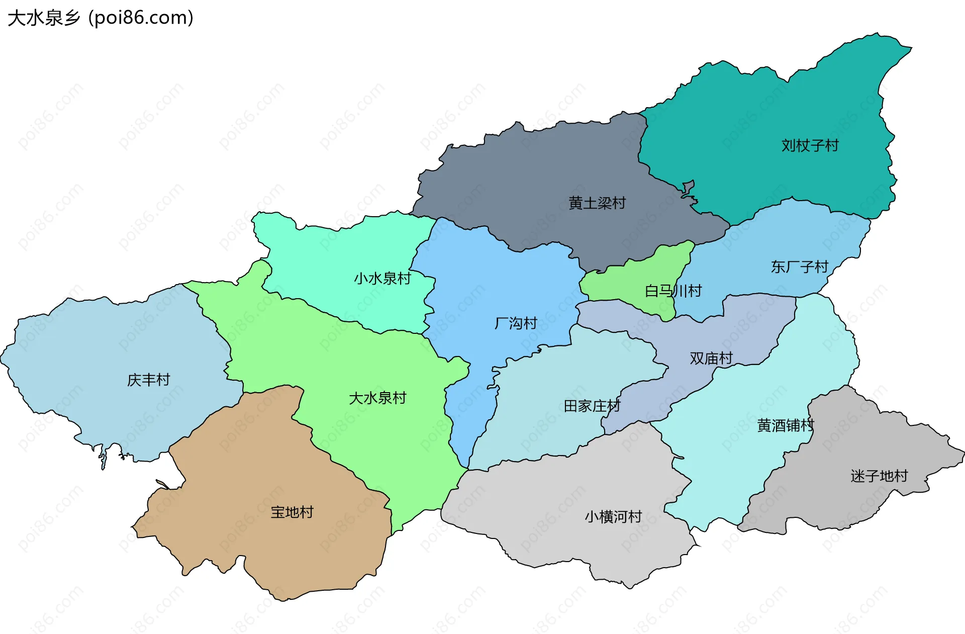 大水泉乡边界地图(五级行政区划)