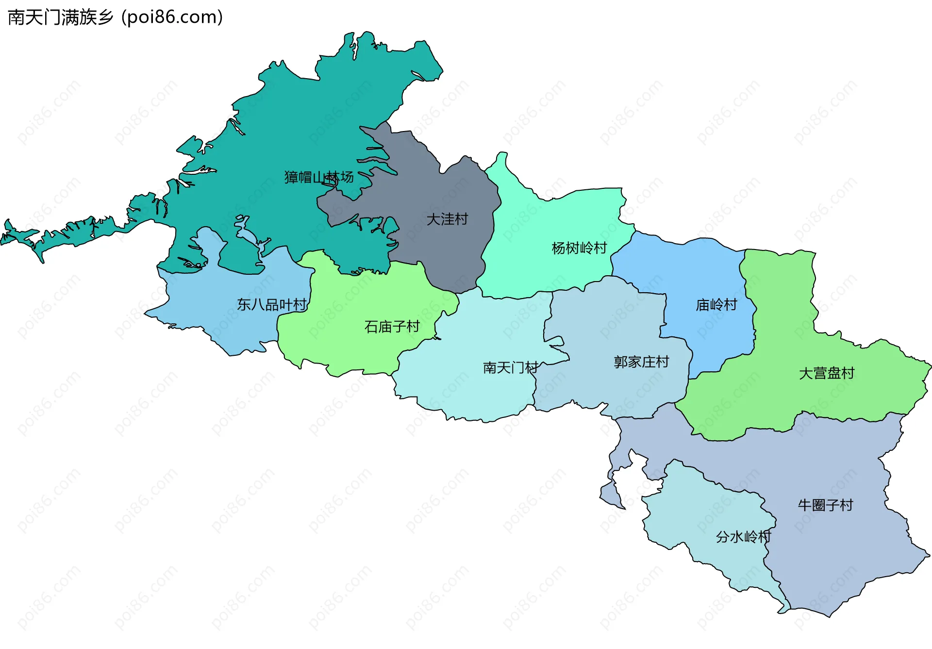 南天门满族乡边界地图(五级行政区划)
