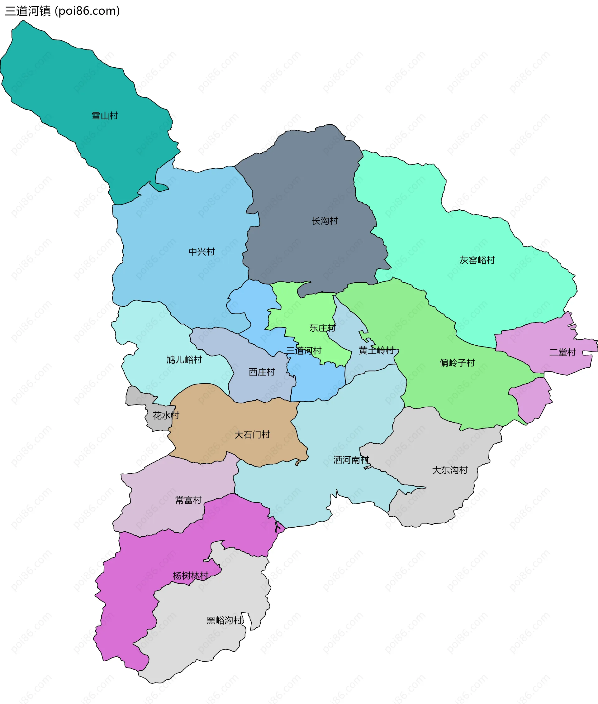 三道河镇边界地图(五级行政区划)