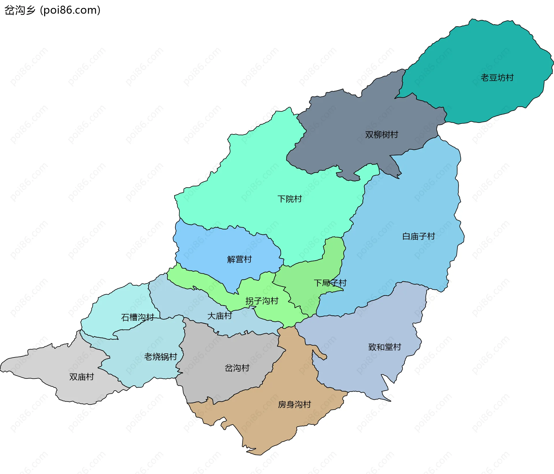 岔沟乡边界地图(五级行政区划)