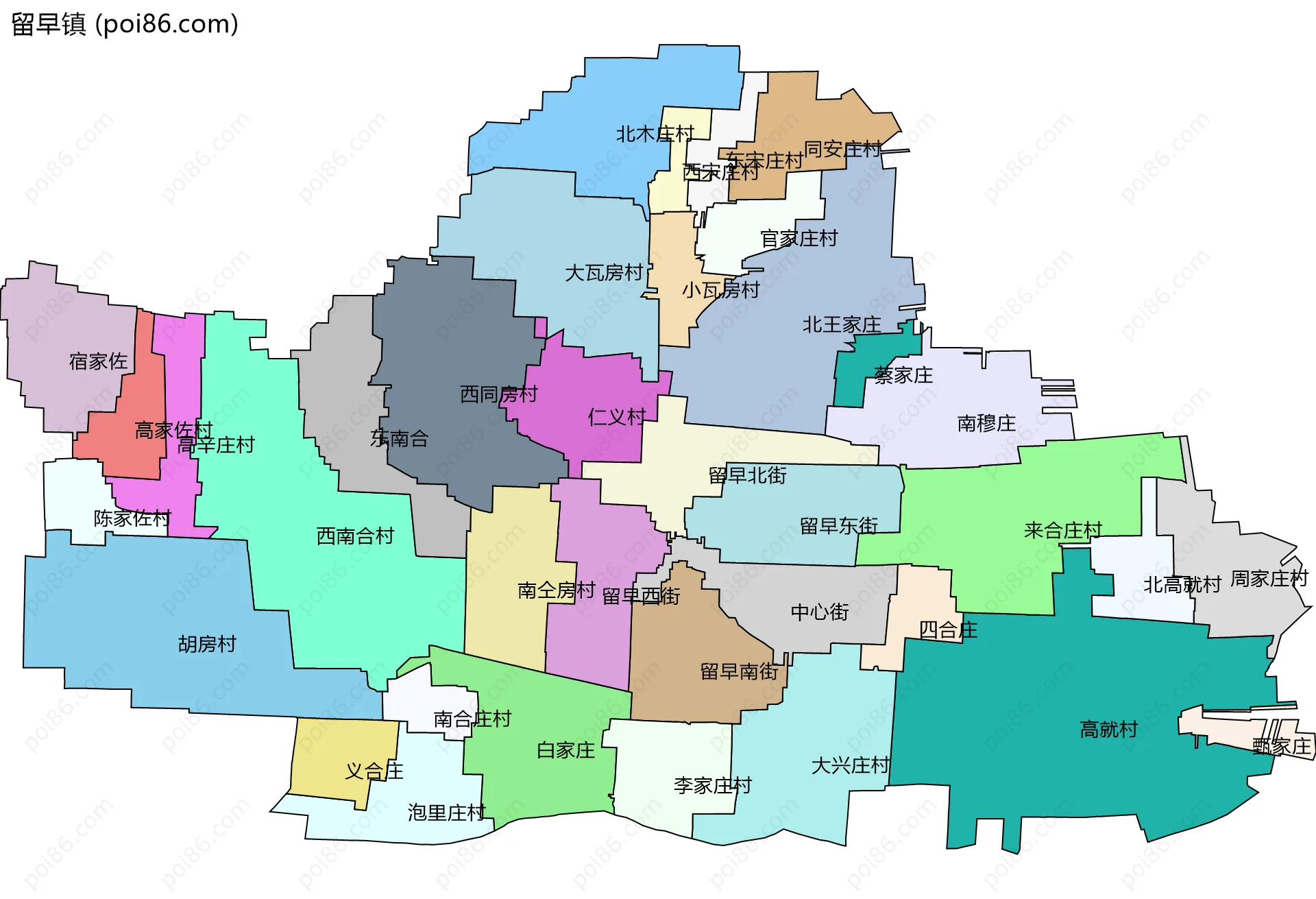 留早镇边界地图(五级行政区划)