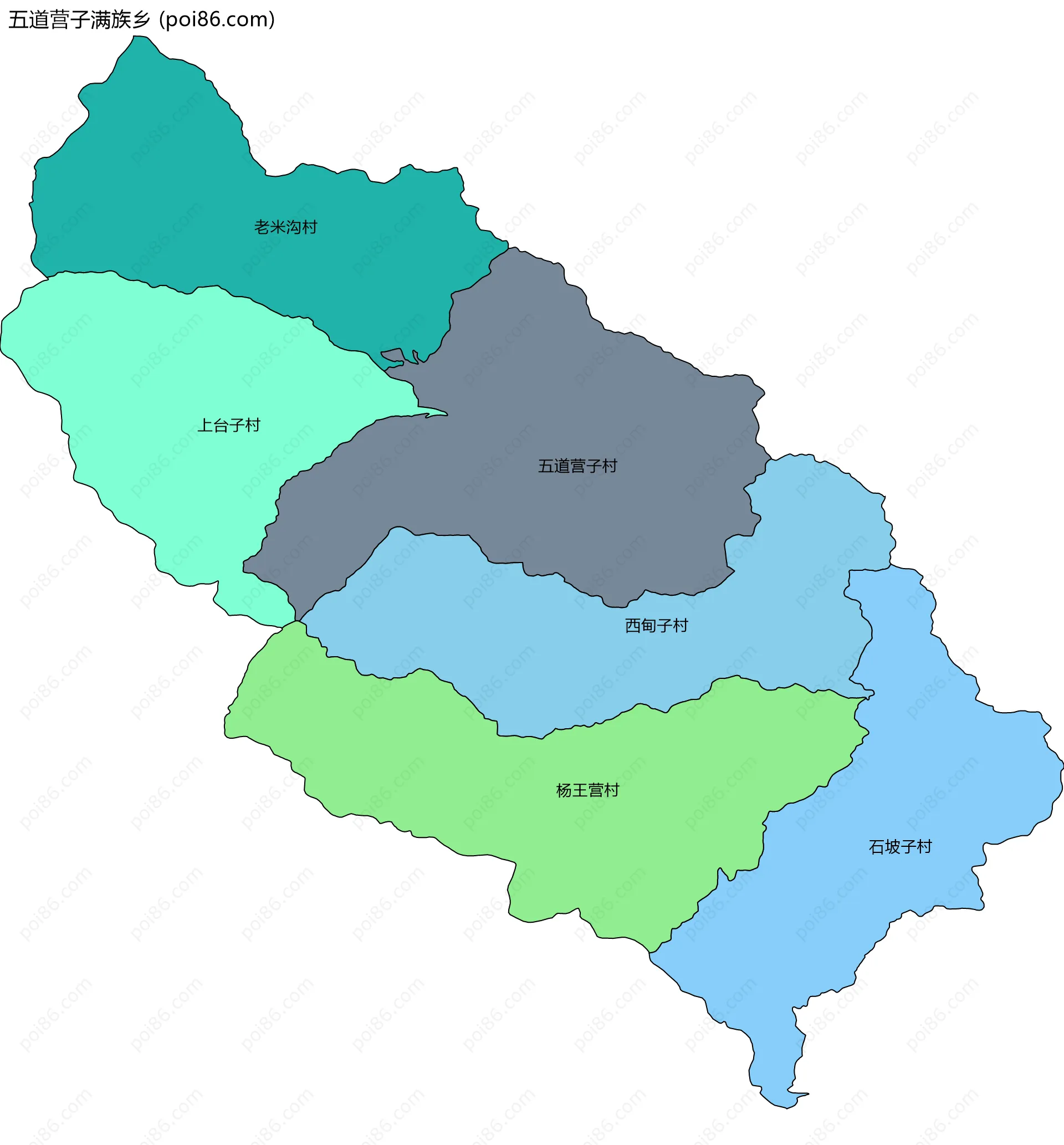 五道营子满族乡边界地图(五级行政区划)