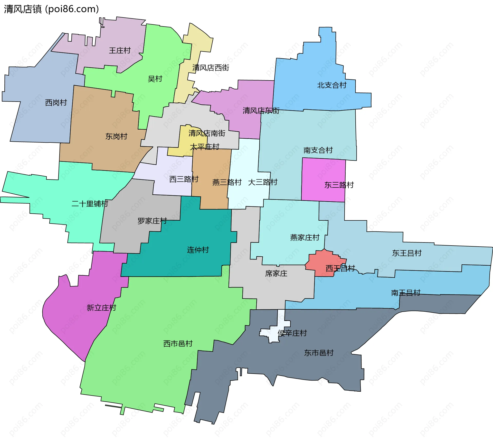 清风店镇边界地图(五级行政区划)