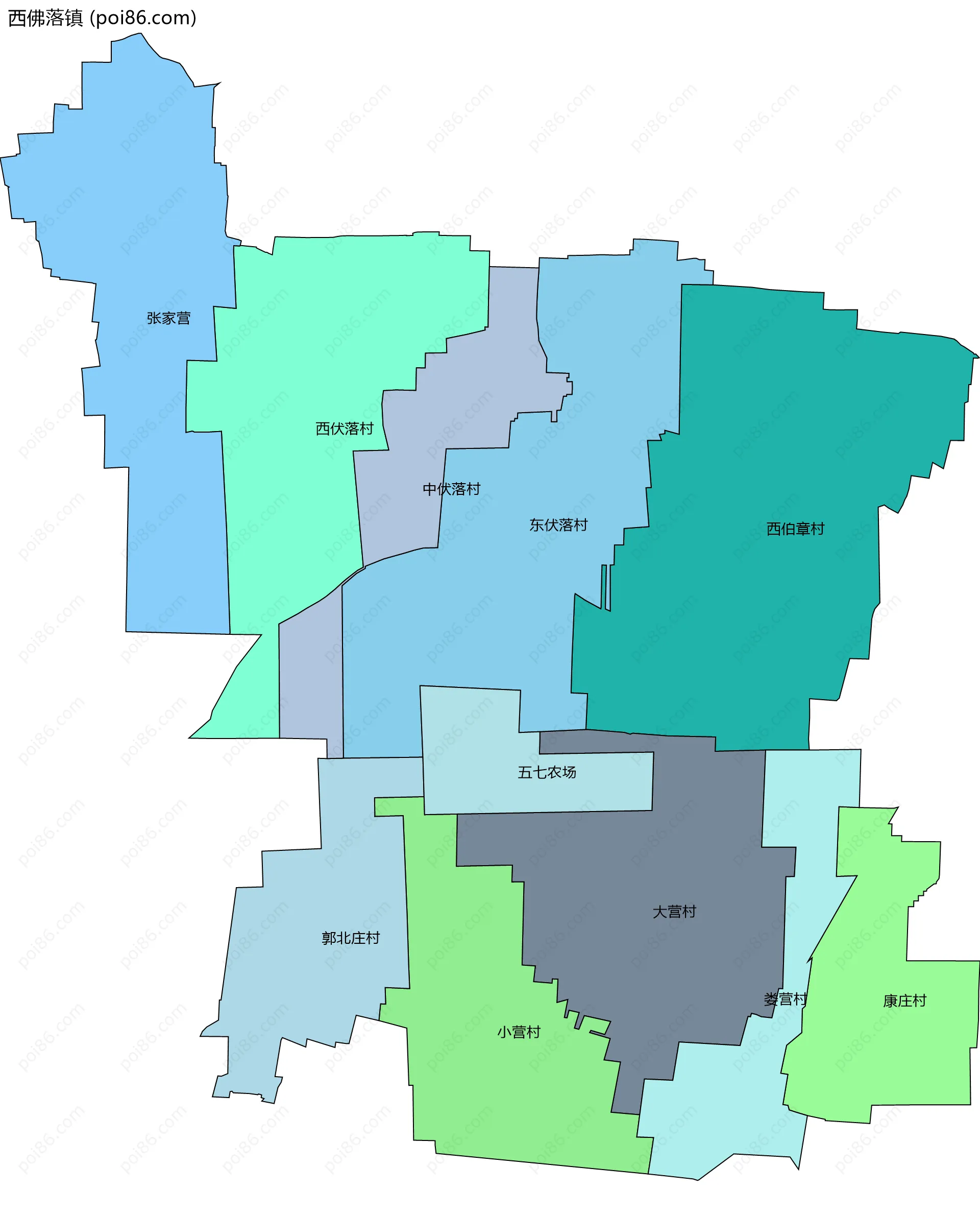 西佛落镇边界地图(五级行政区划)