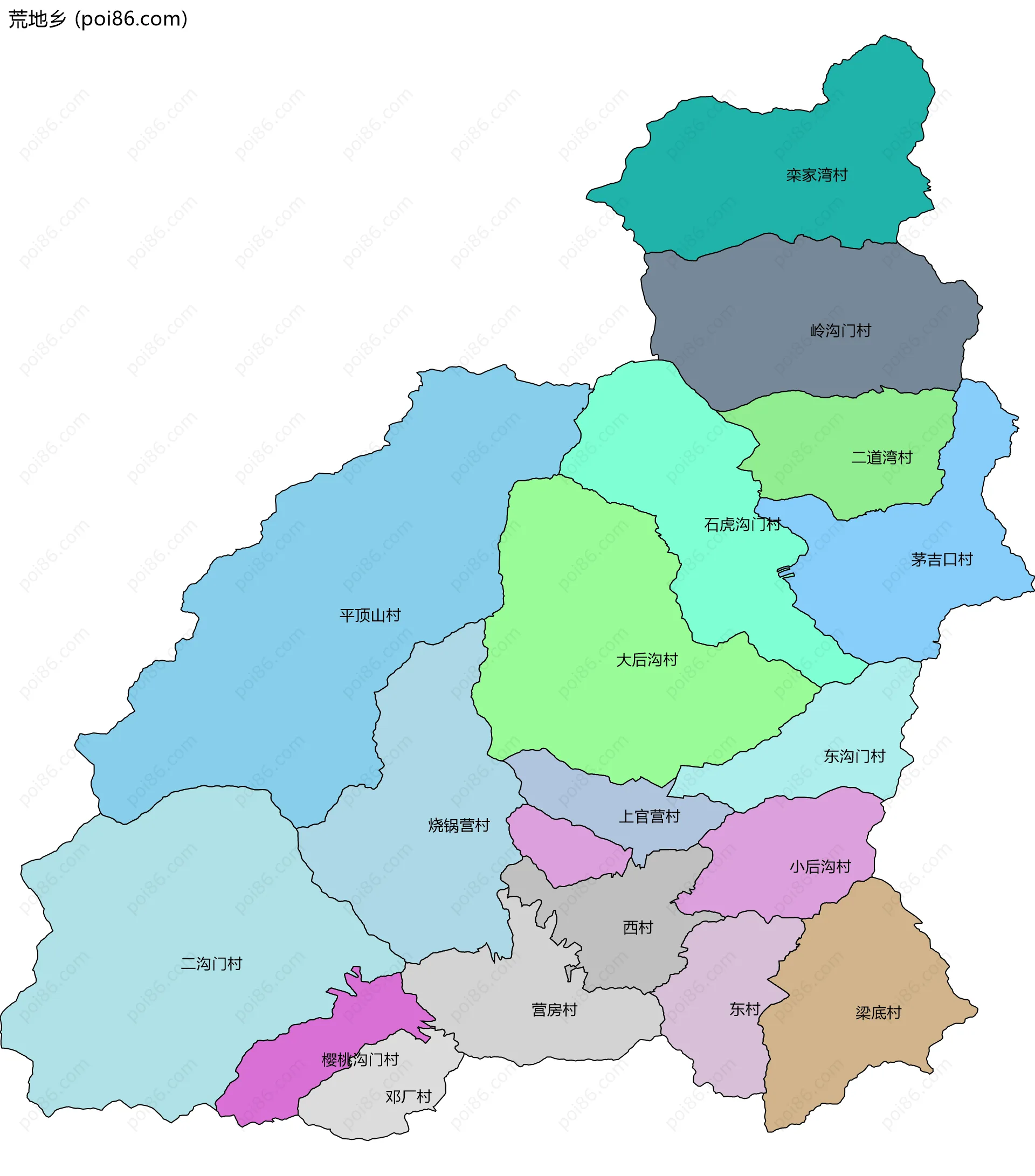 荒地乡边界地图(五级行政区划)