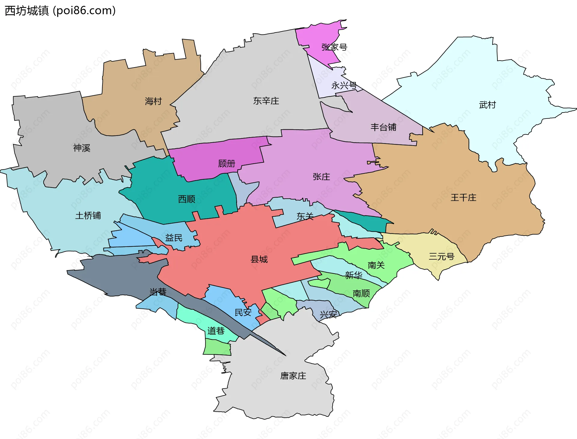 西坊城镇边界地图(五级行政区划)