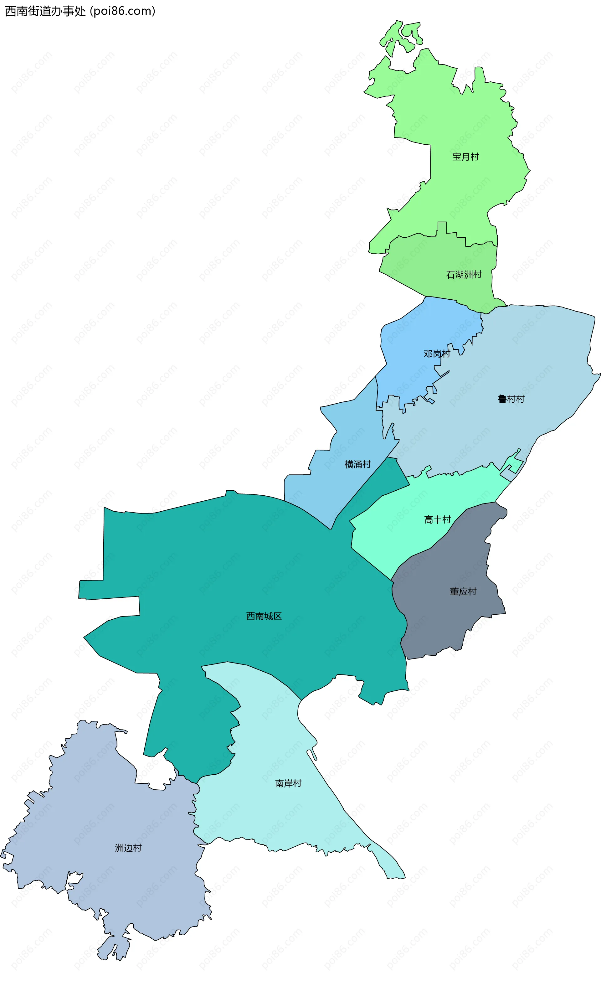 西南街道办事处边界地图(五级行政区划)