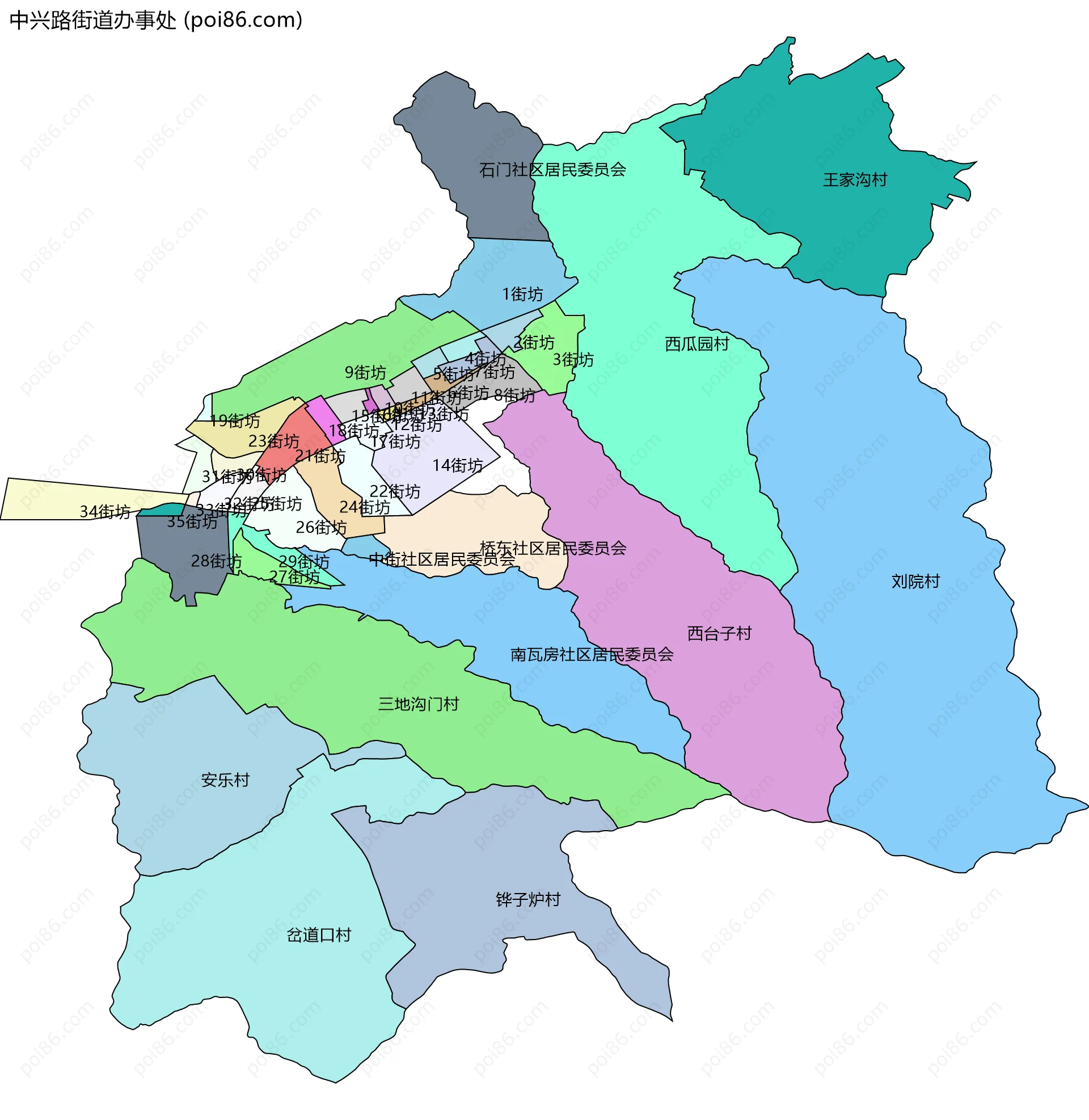 中兴路街道办事处边界地图(五级行政区划)