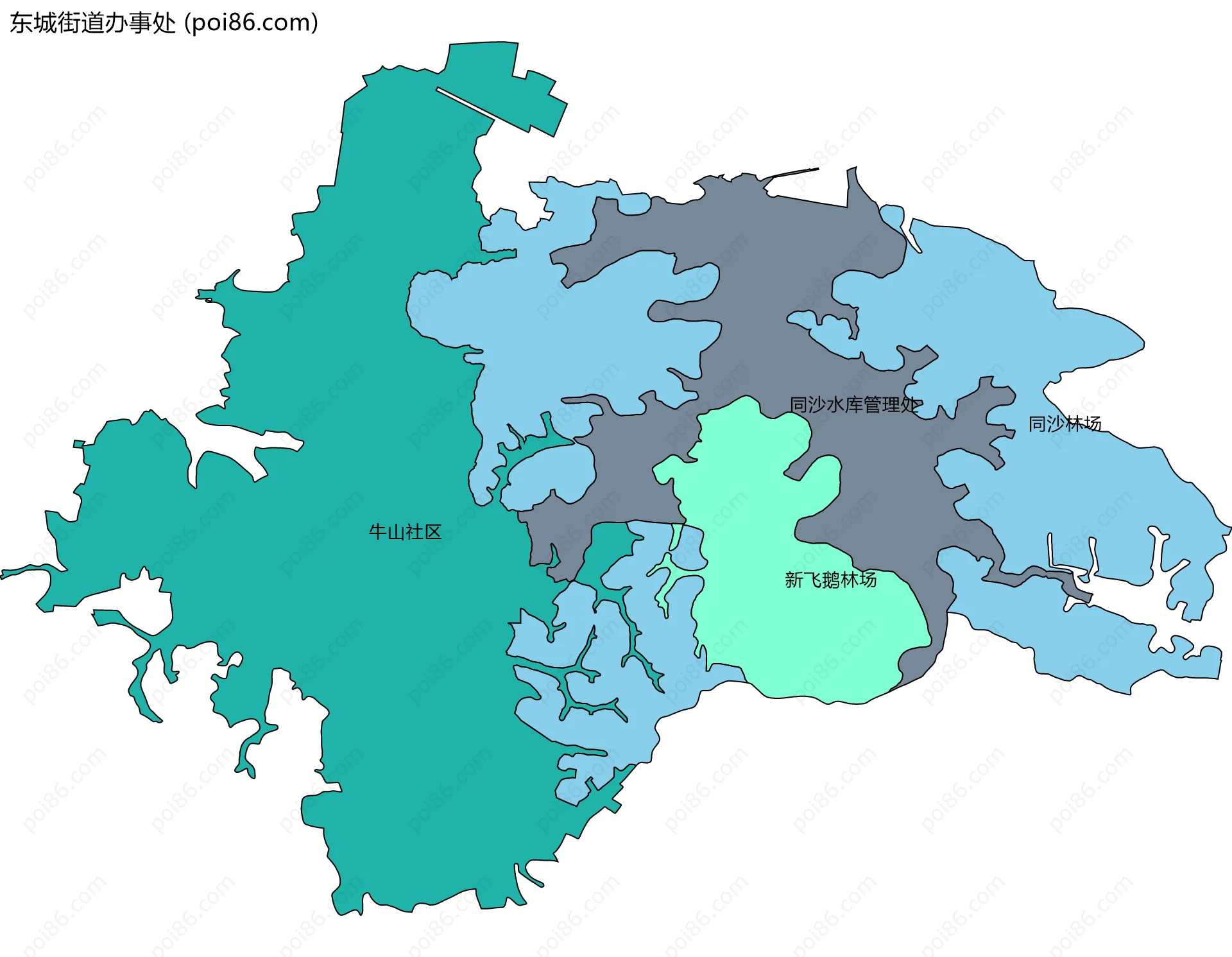 东城街道办事处边界地图(五级行政区划)