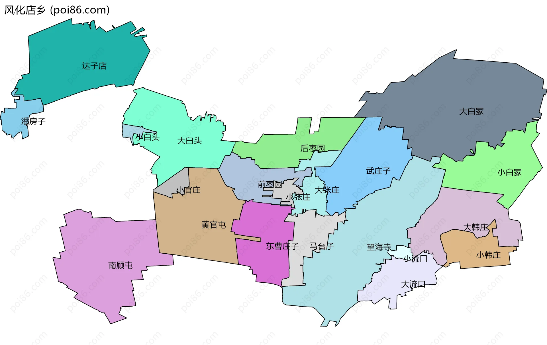 风化店乡边界地图(五级行政区划)