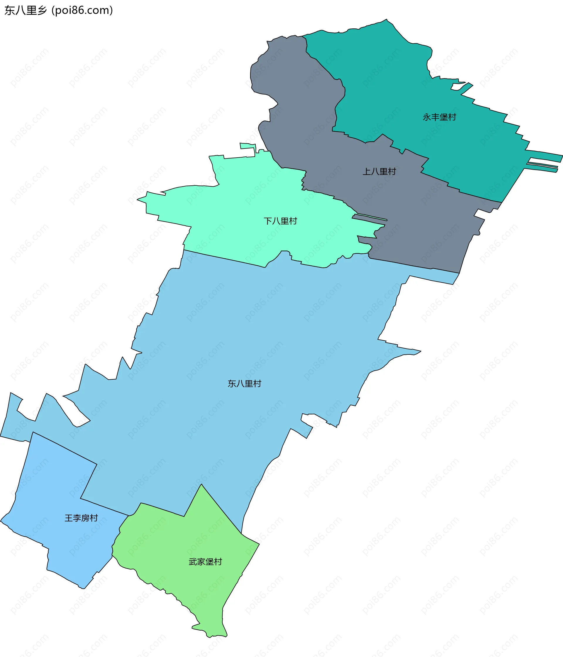 东八里乡边界地图(五级行政区划)