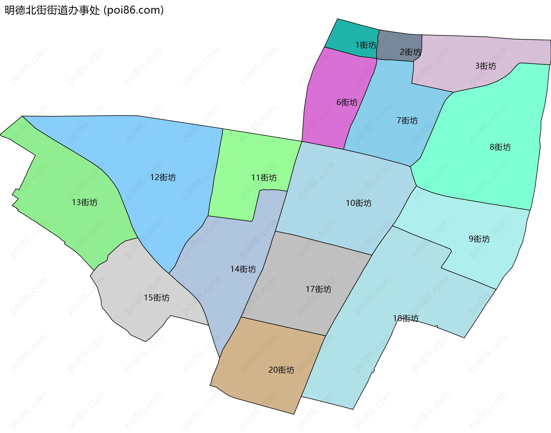 明德北街街道办事处边界地图(五级行政区划)