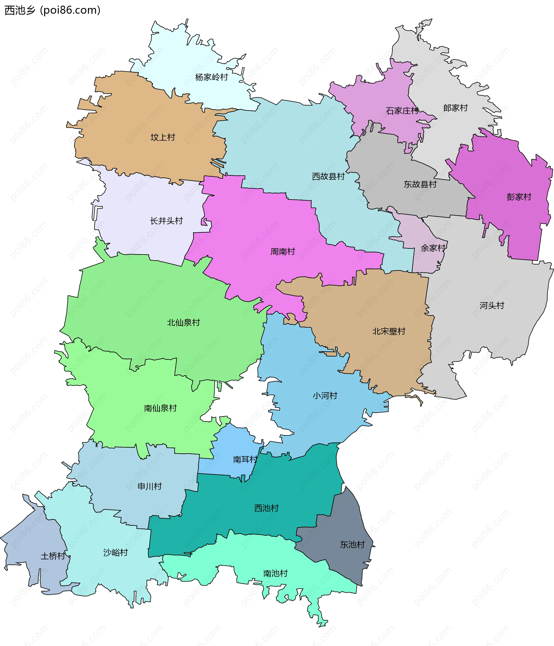 西池乡边界地图(五级行政区划)