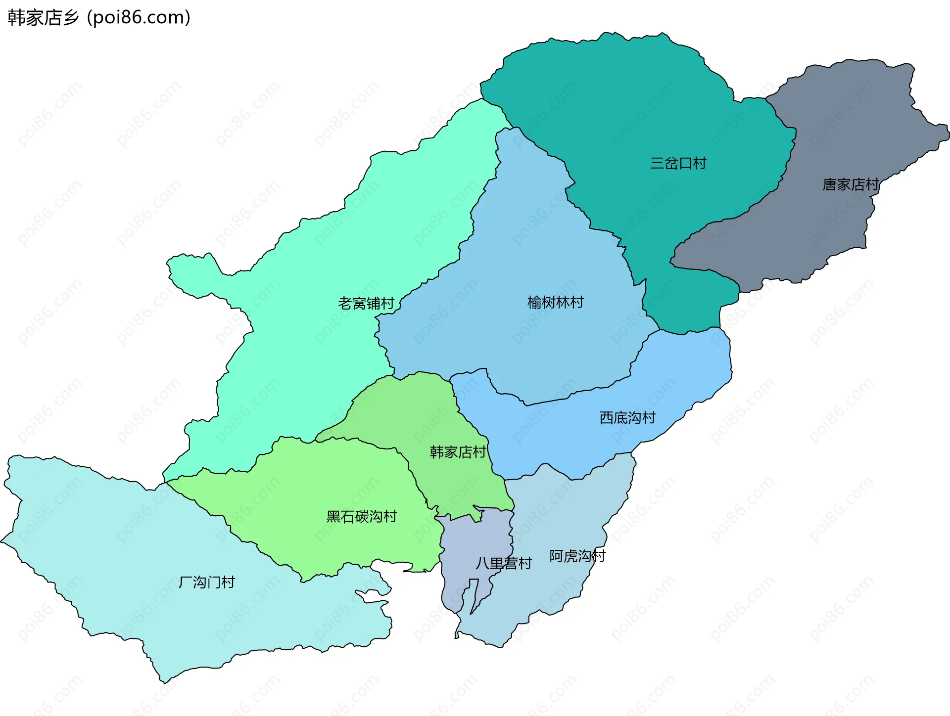 韩家店乡边界地图(五级行政区划)