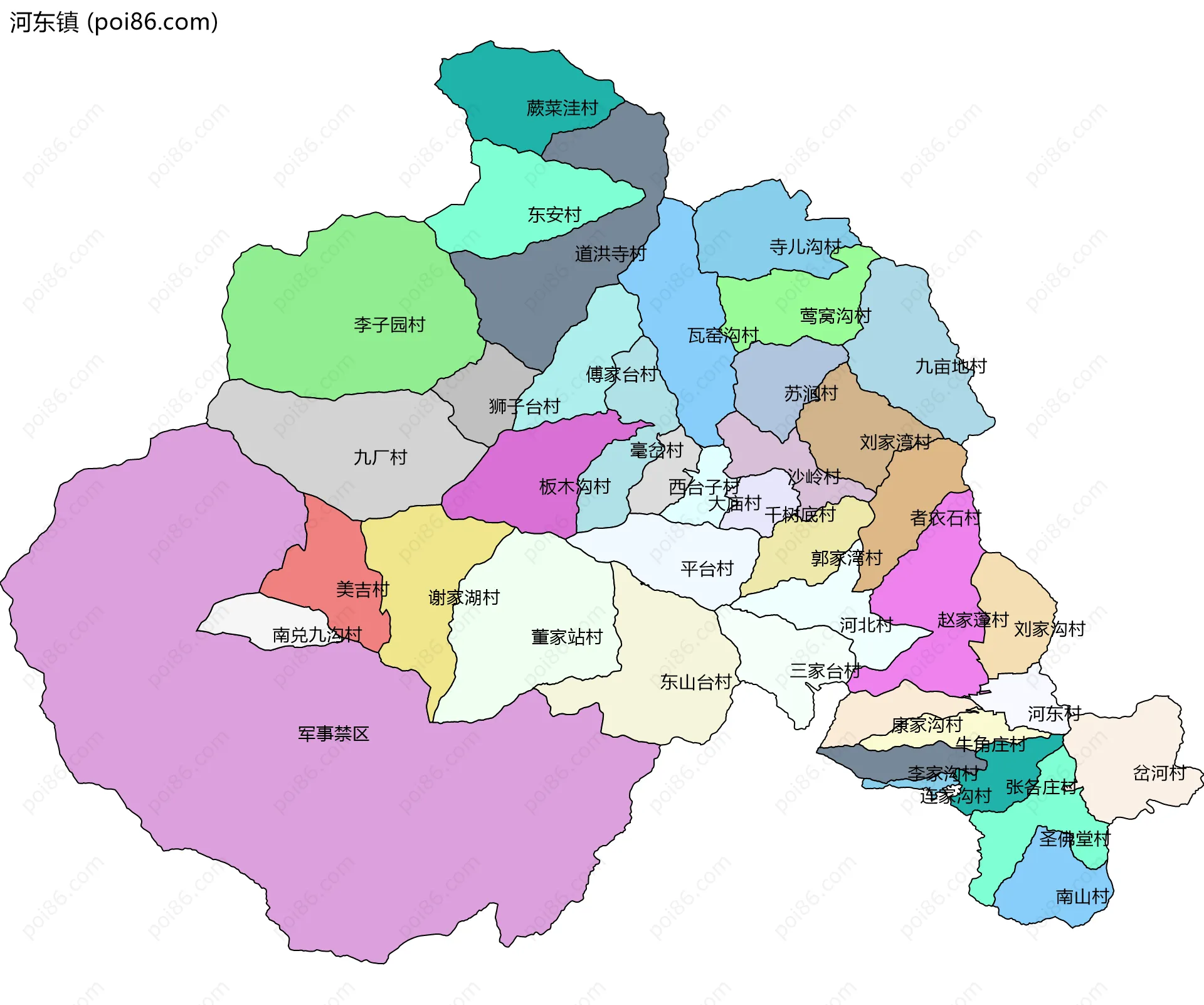 河东镇边界地图(五级行政区划)