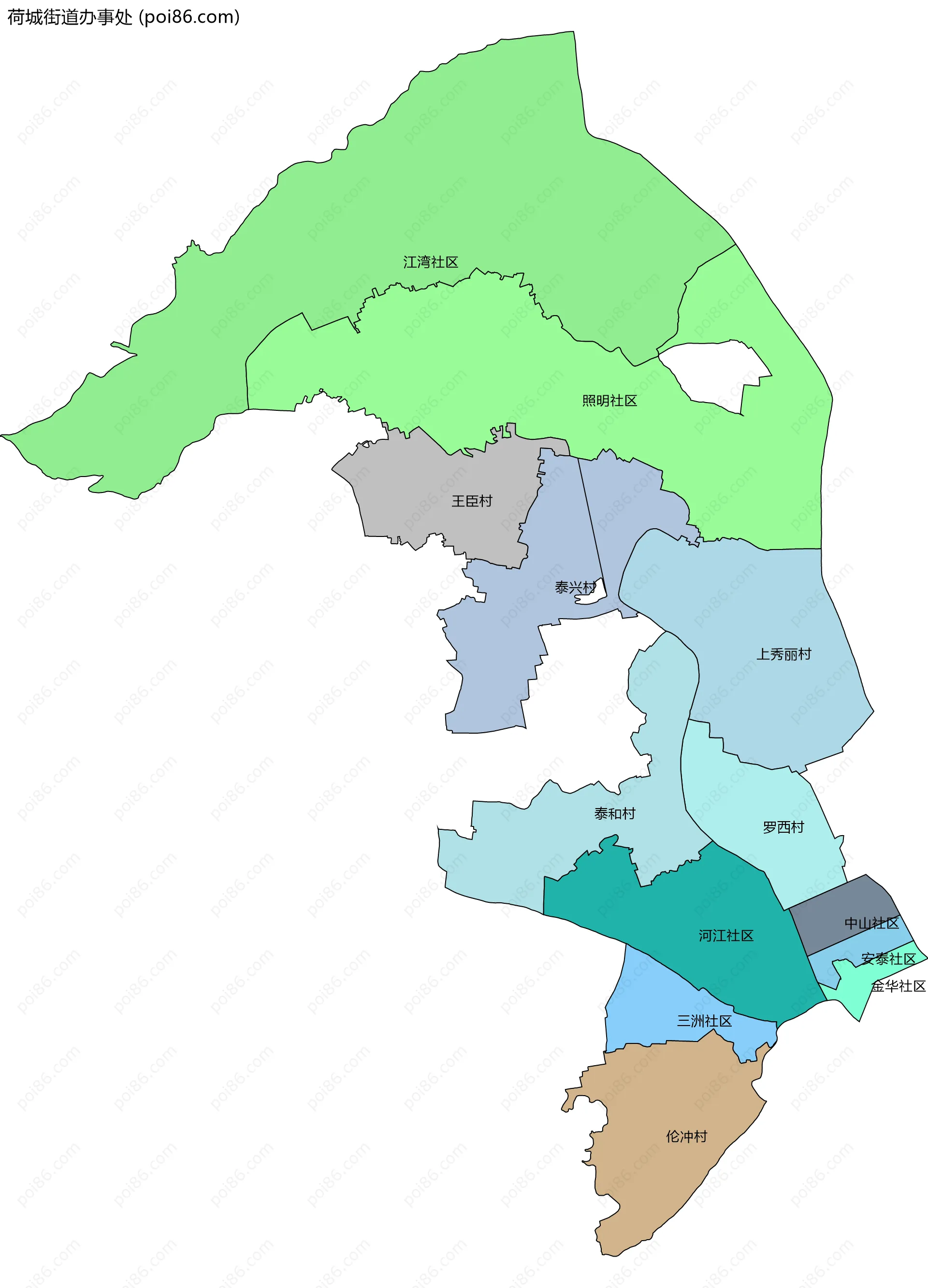 荷城街道办事处边界地图(五级行政区划)