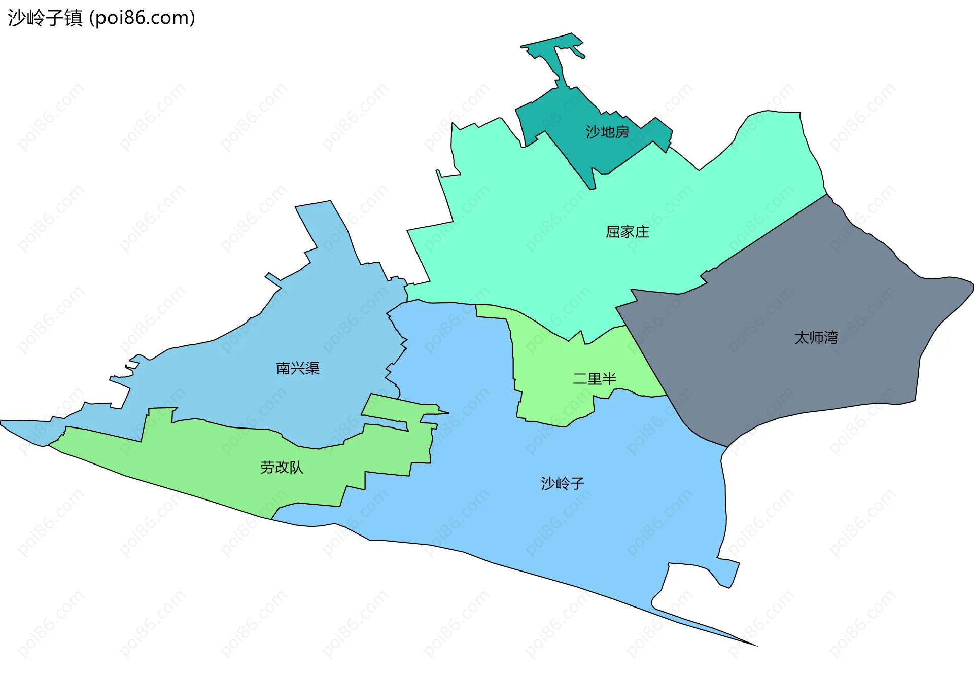 沙岭子镇边界地图(五级行政区划)