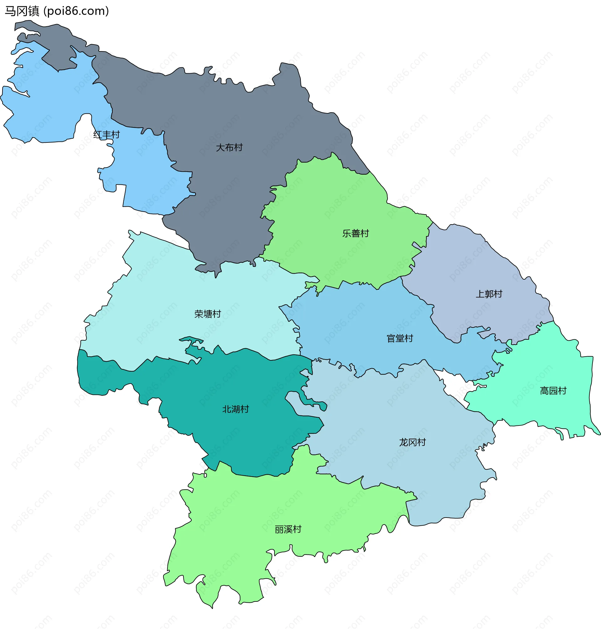 马冈镇边界地图(五级行政区划)