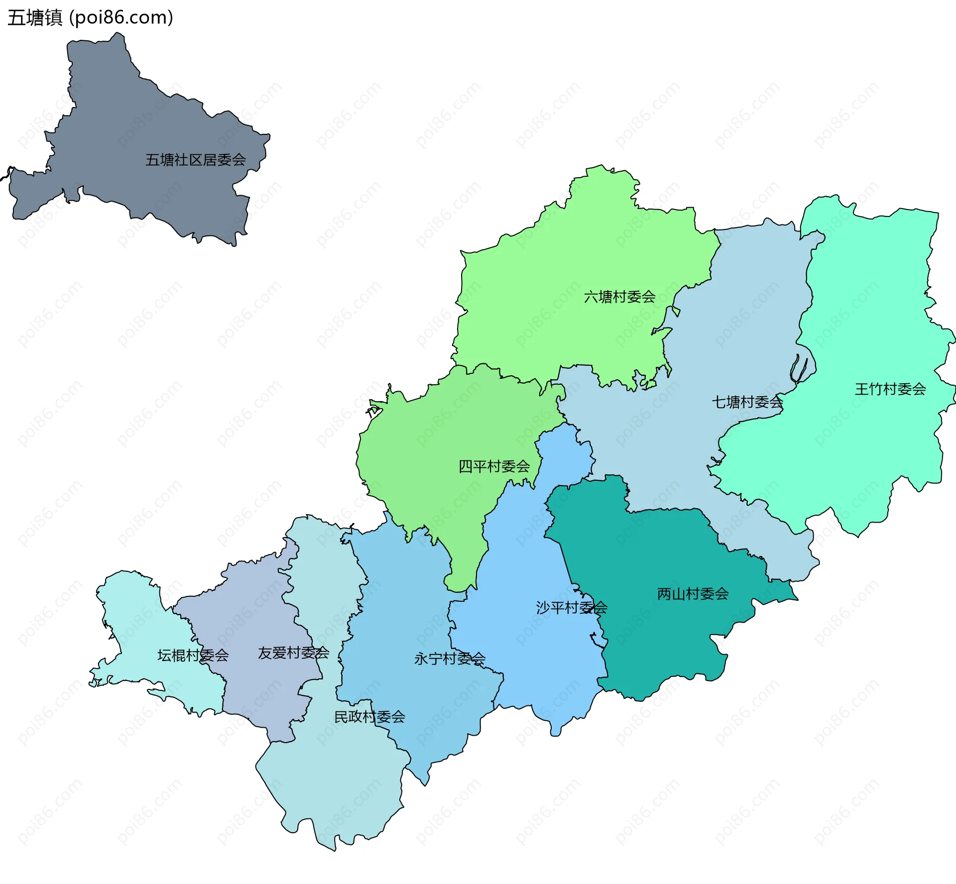 五塘镇边界地图(五级行政区划)