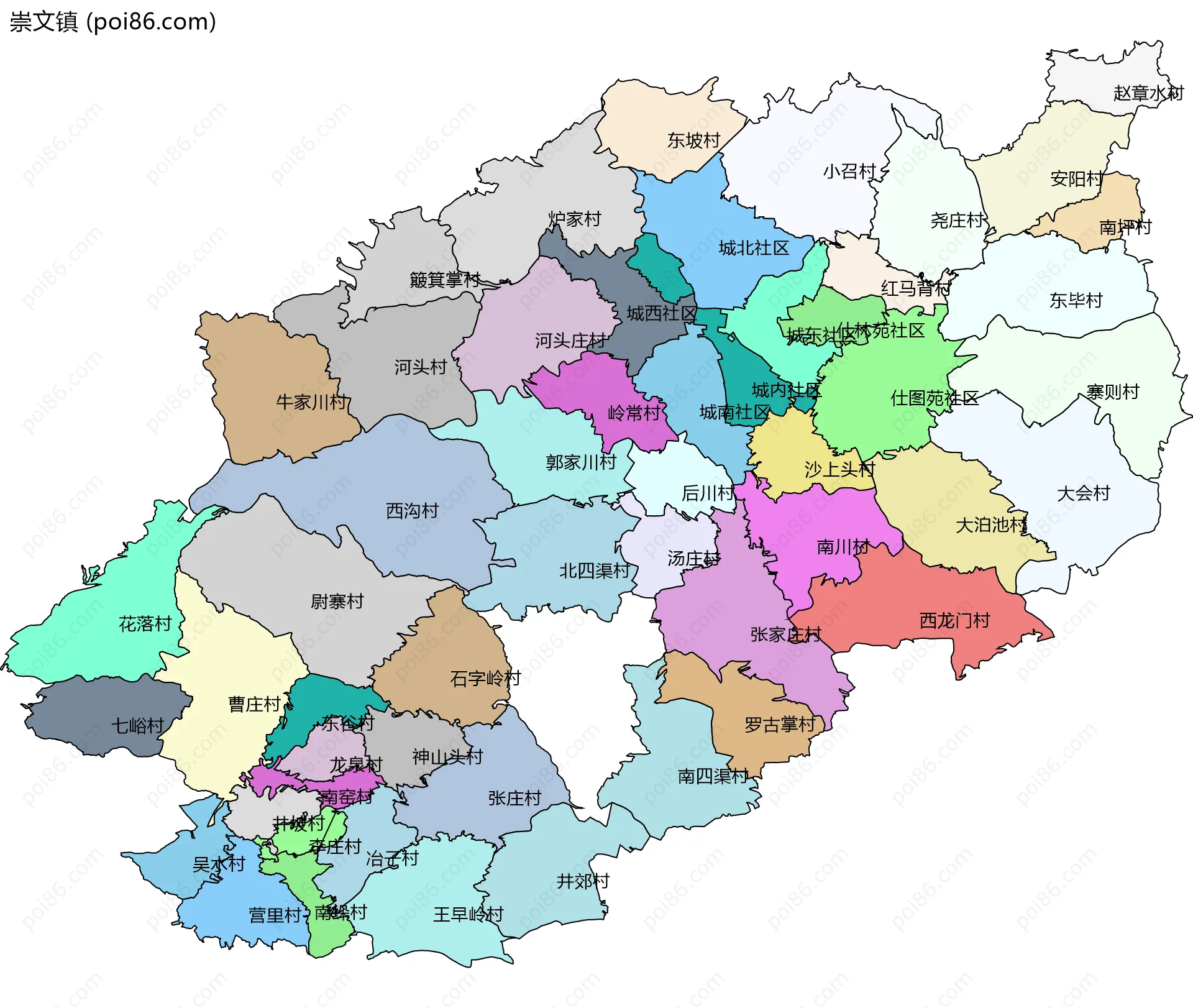 崇文镇边界地图(五级行政区划)