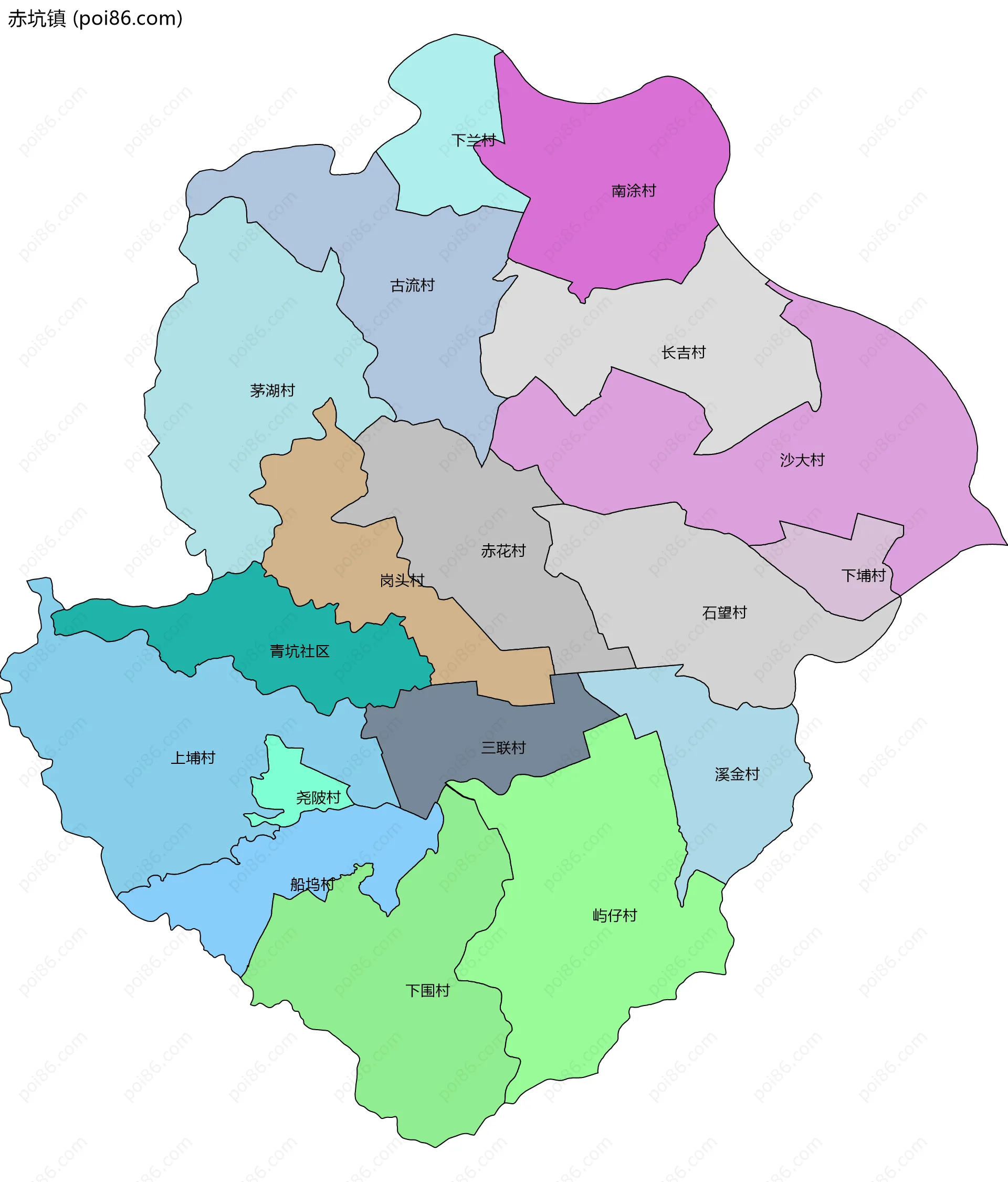 赤坑镇边界地图(五级行政区划)