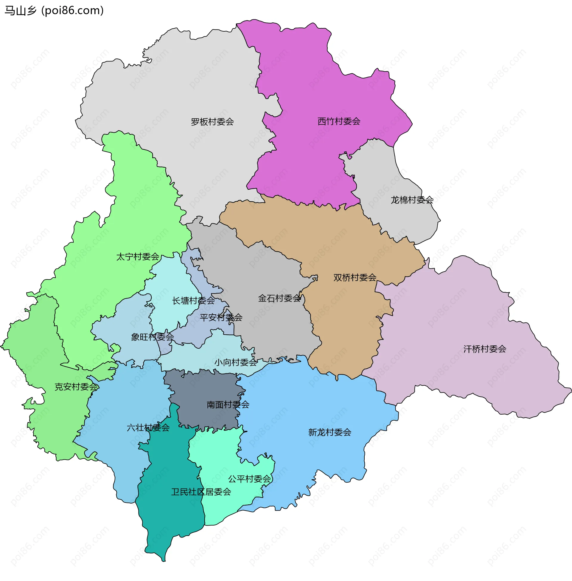 马山乡边界地图(五级行政区划)