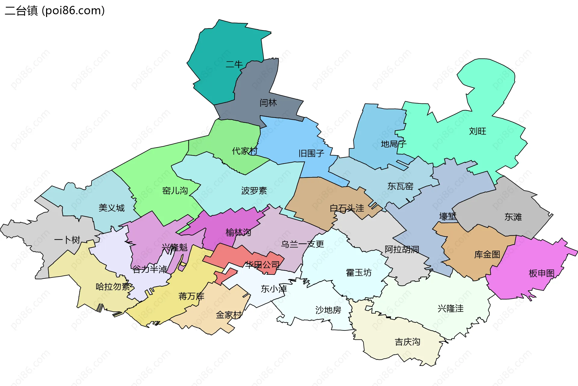 二台镇边界地图(五级行政区划)